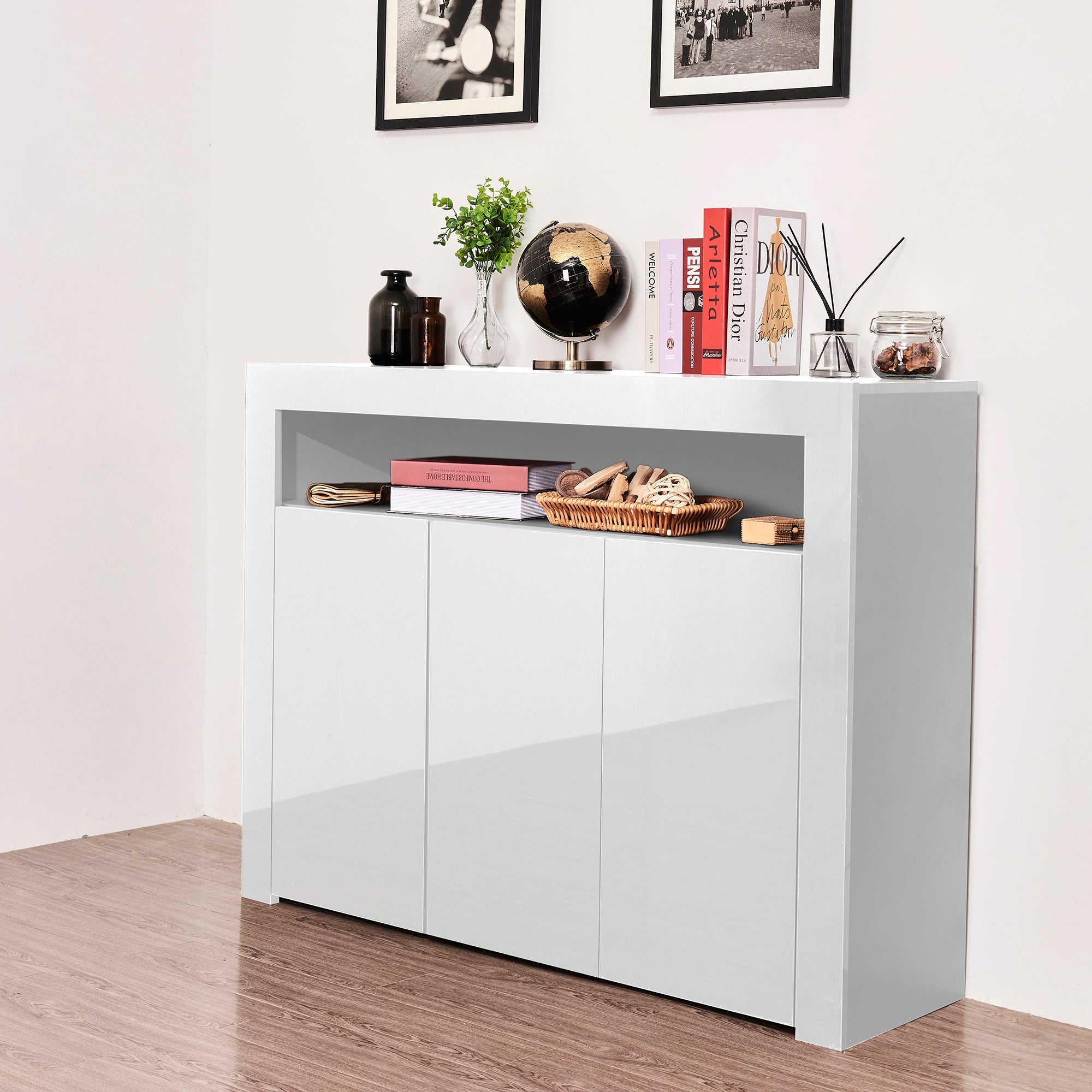 38" Tall Wood 3-door Storage Cabinet with LED Light