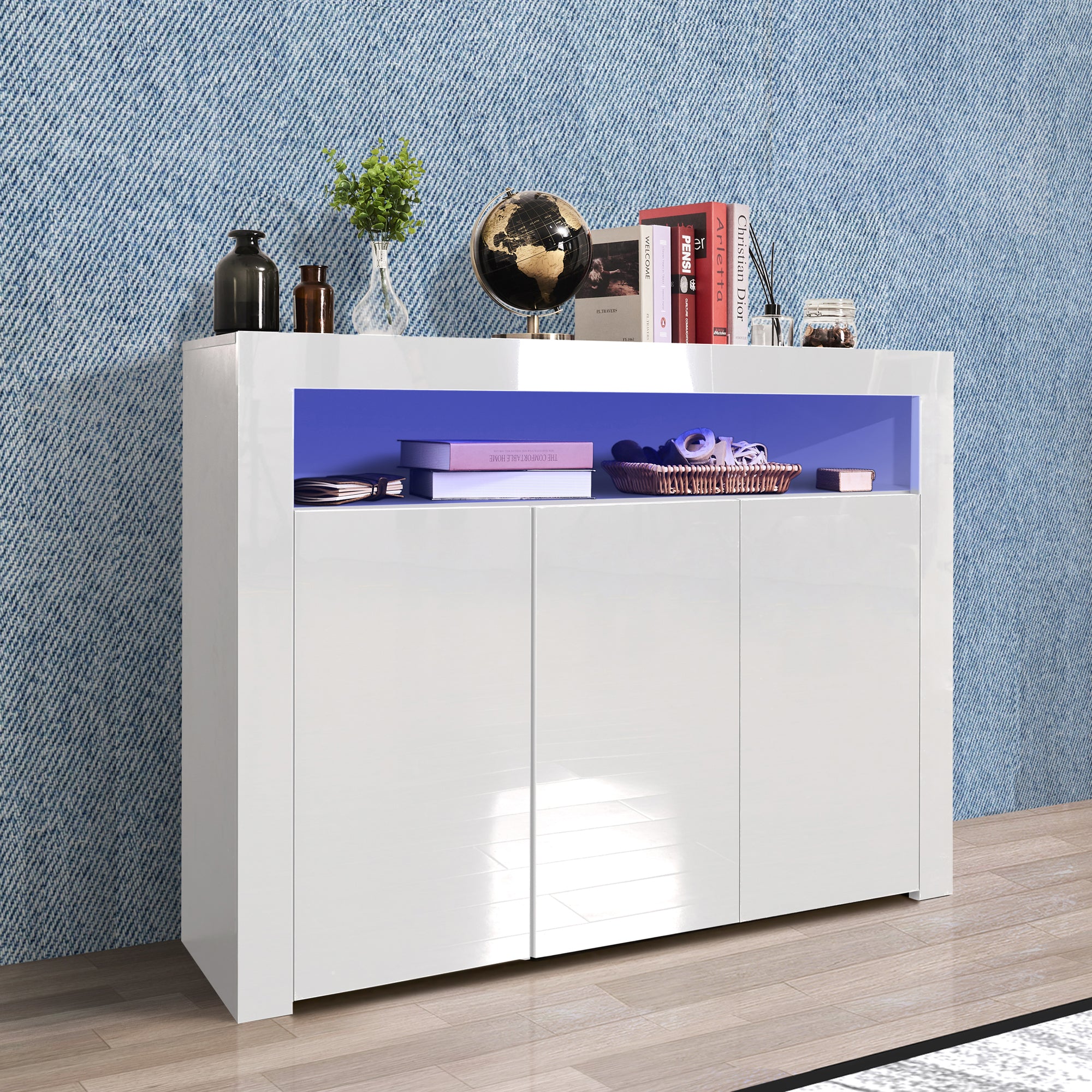 38" Tall Wood 3-door Storage Cabinet with LED Light