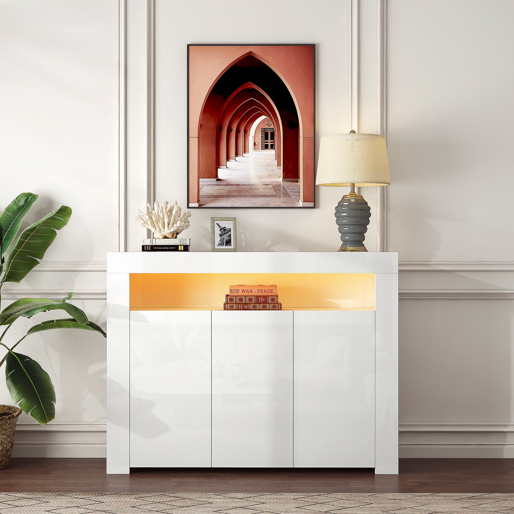 38" Tall Wood 3-door Storage Cabinet with LED Light