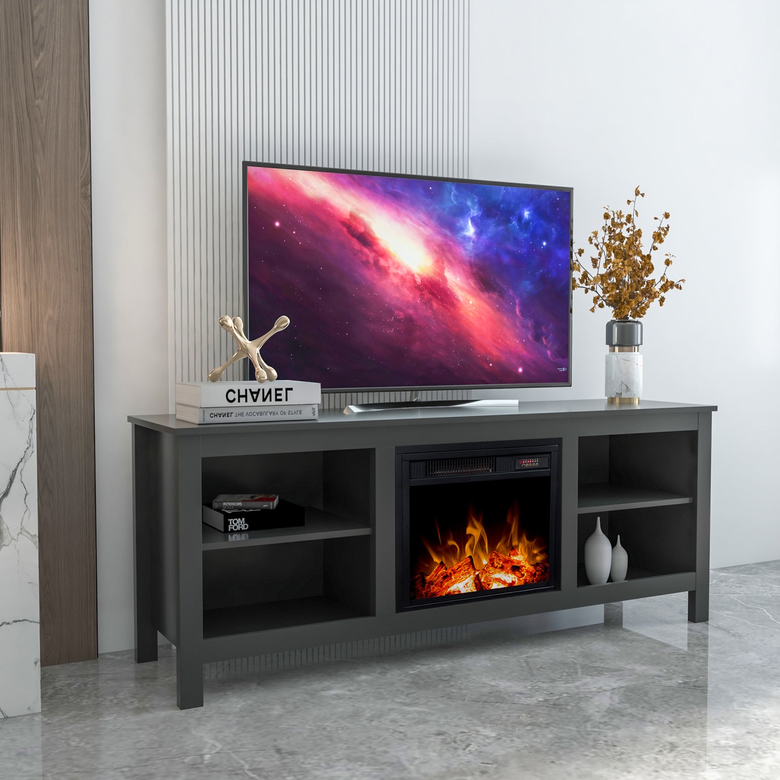 58-inch Freestanding Electric Fireplace with Open Storage