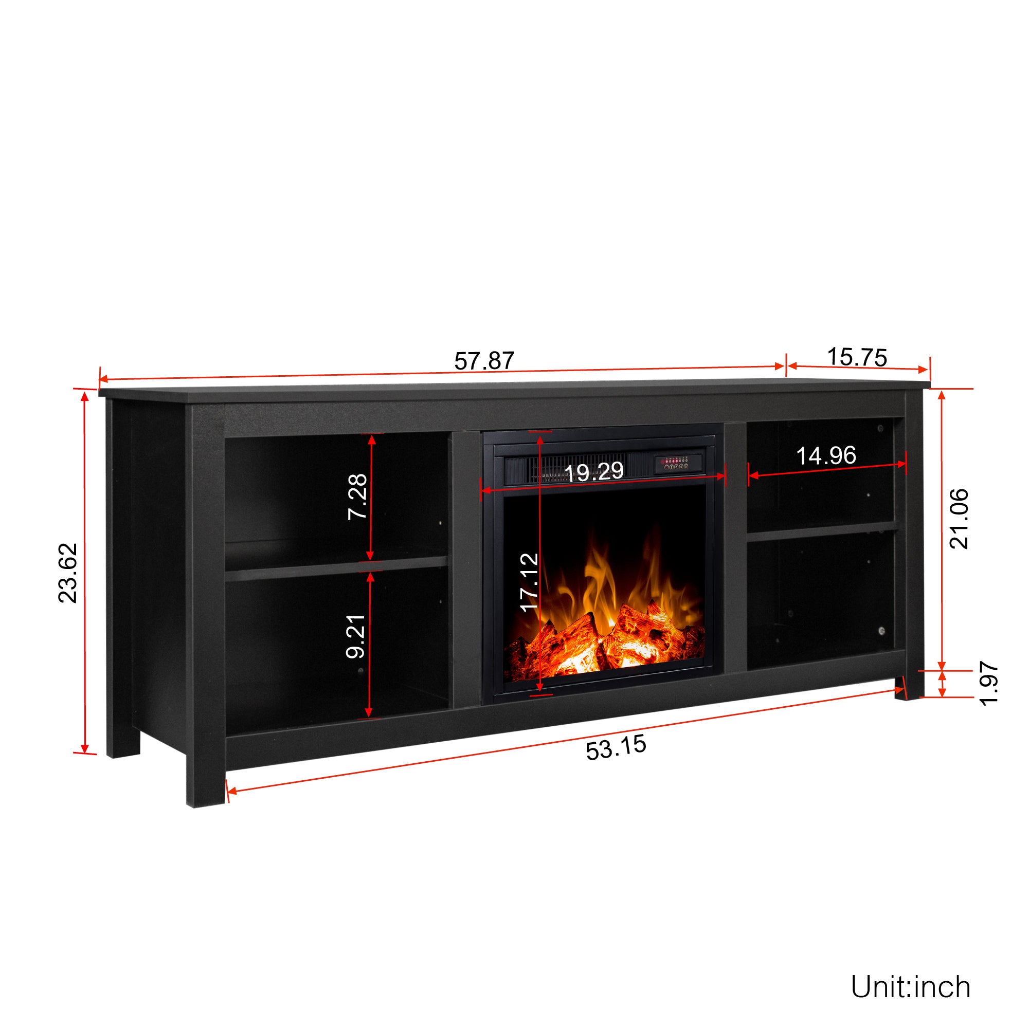 58-inch Freestanding Electric Fireplace with Open Storage