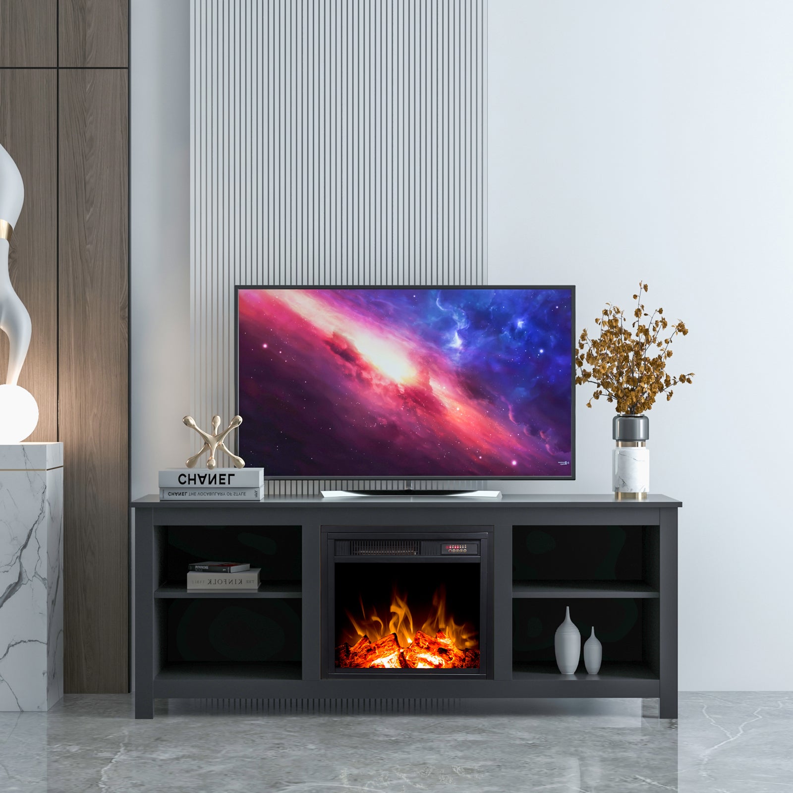 58-inch Freestanding Electric Fireplace with Open Storage