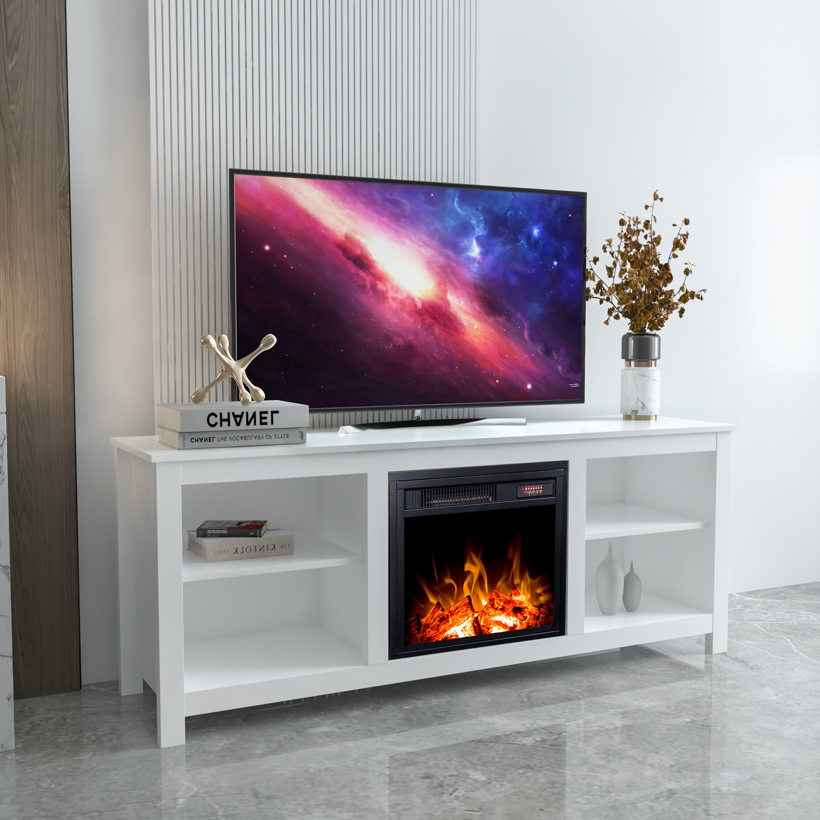 58-inch Freestanding Electric Fireplace with Open Storage