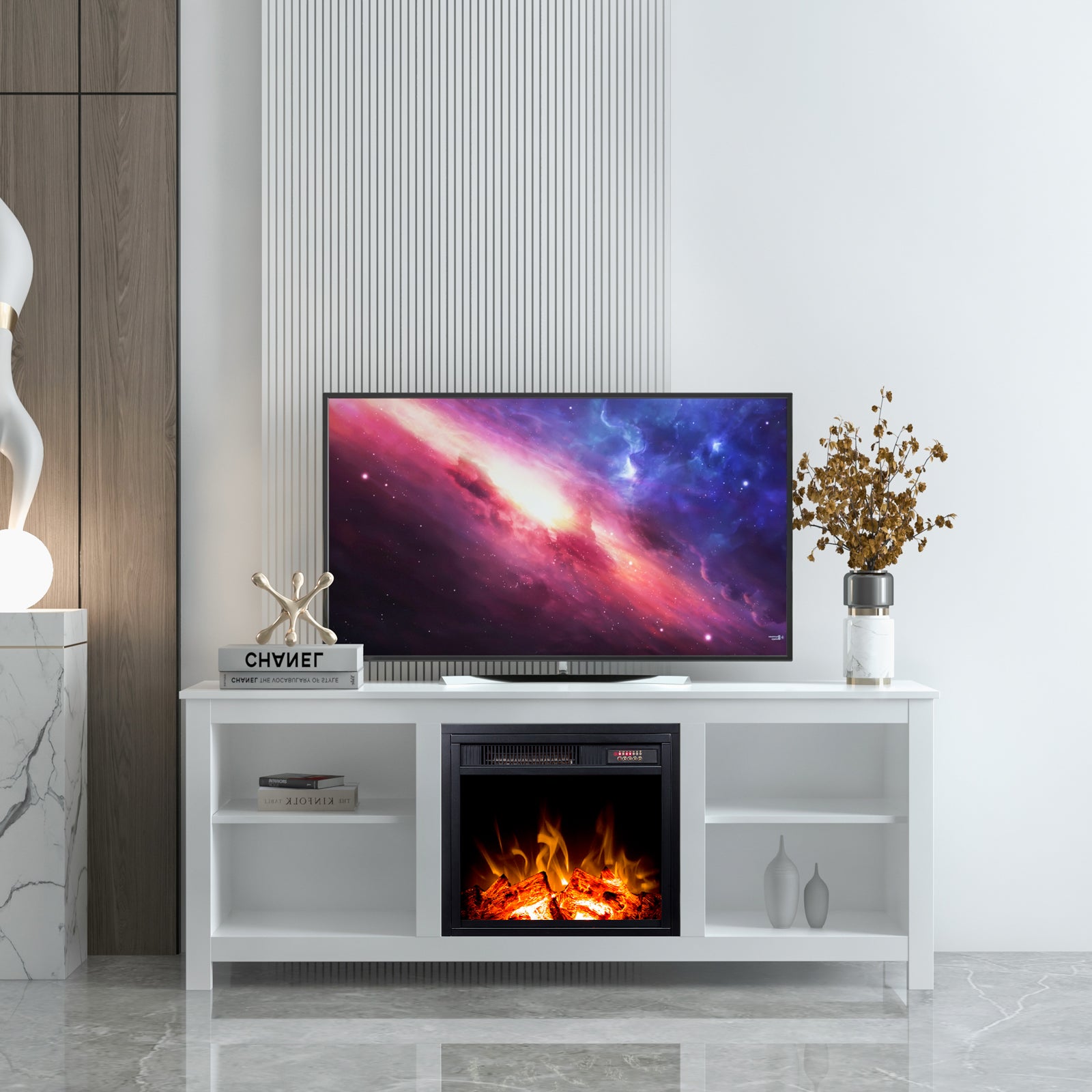58-inch Freestanding Electric Fireplace with Open Storage