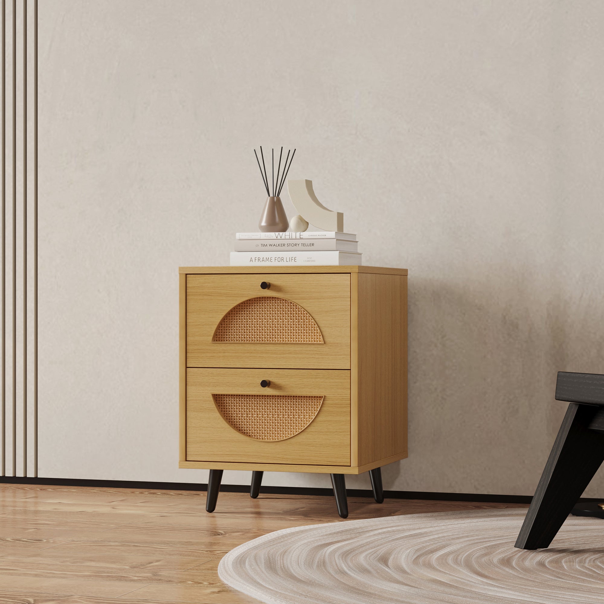 21" Tall 2-Drawer Wood Nightstand with Woven Wicker