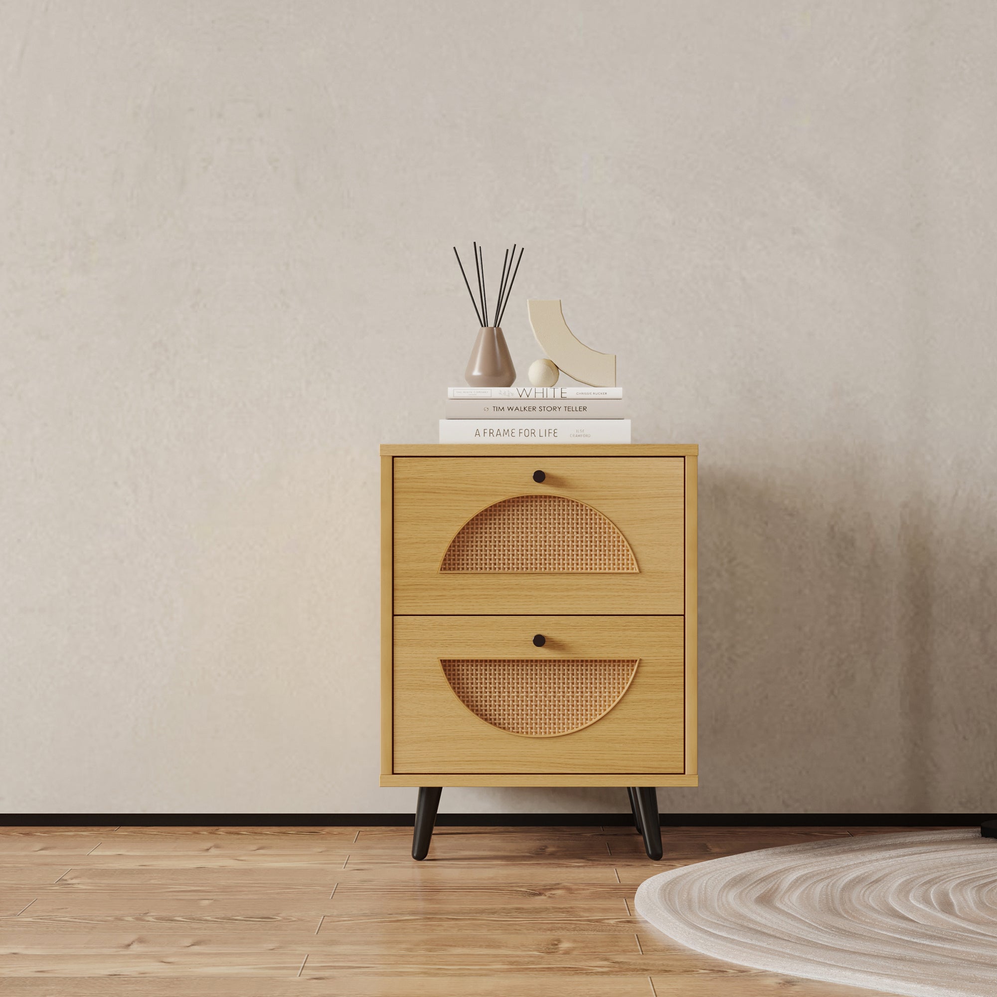 21" Tall 2-Drawer Wood Nightstand with Woven Wicker