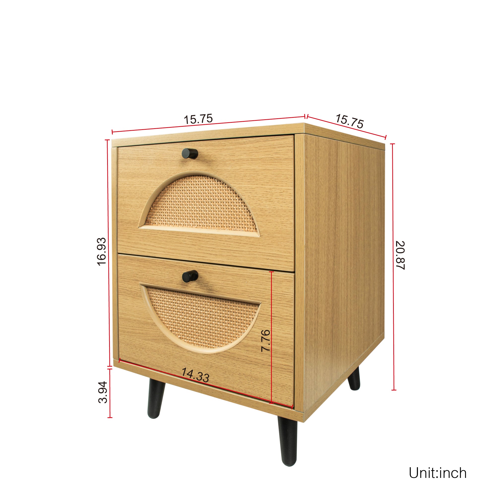 21" Tall 2-Drawer Wood Nightstand with Woven Wicker