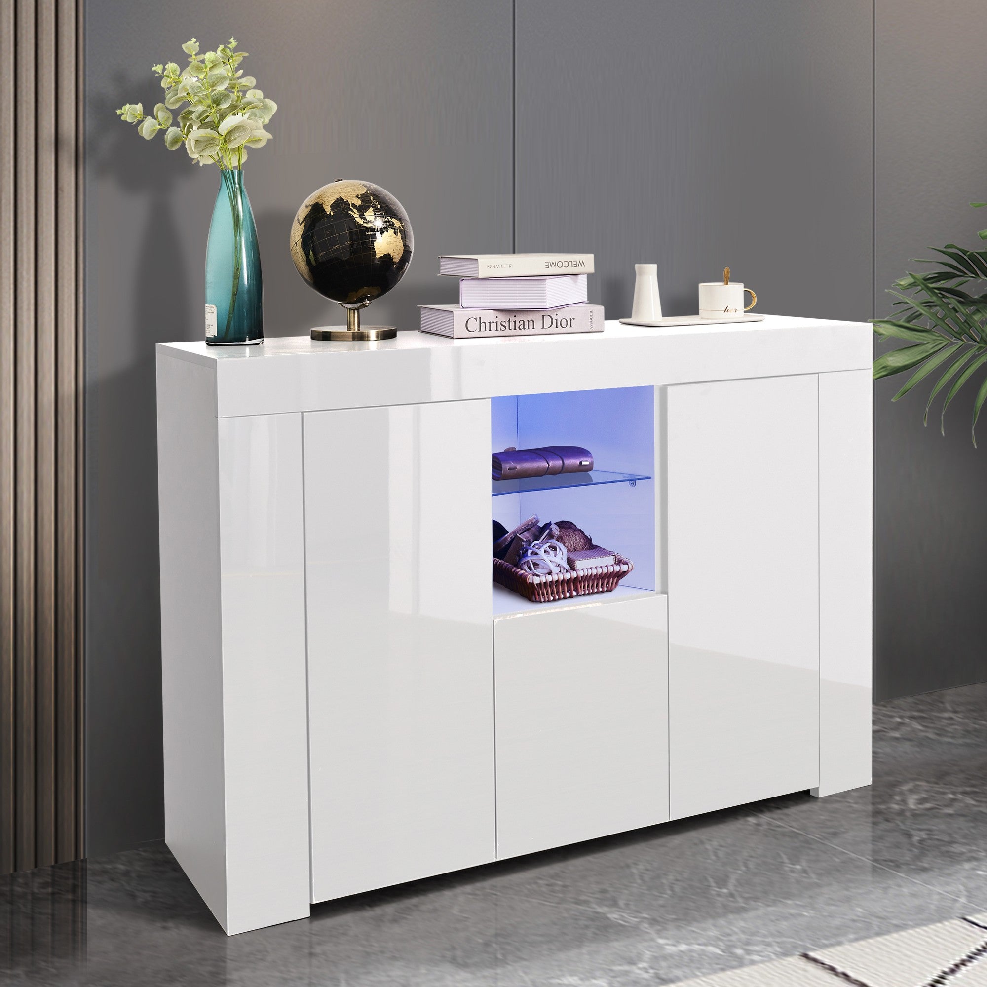 45-inch Wood Sideboard with LED Light and Exterior Shelves