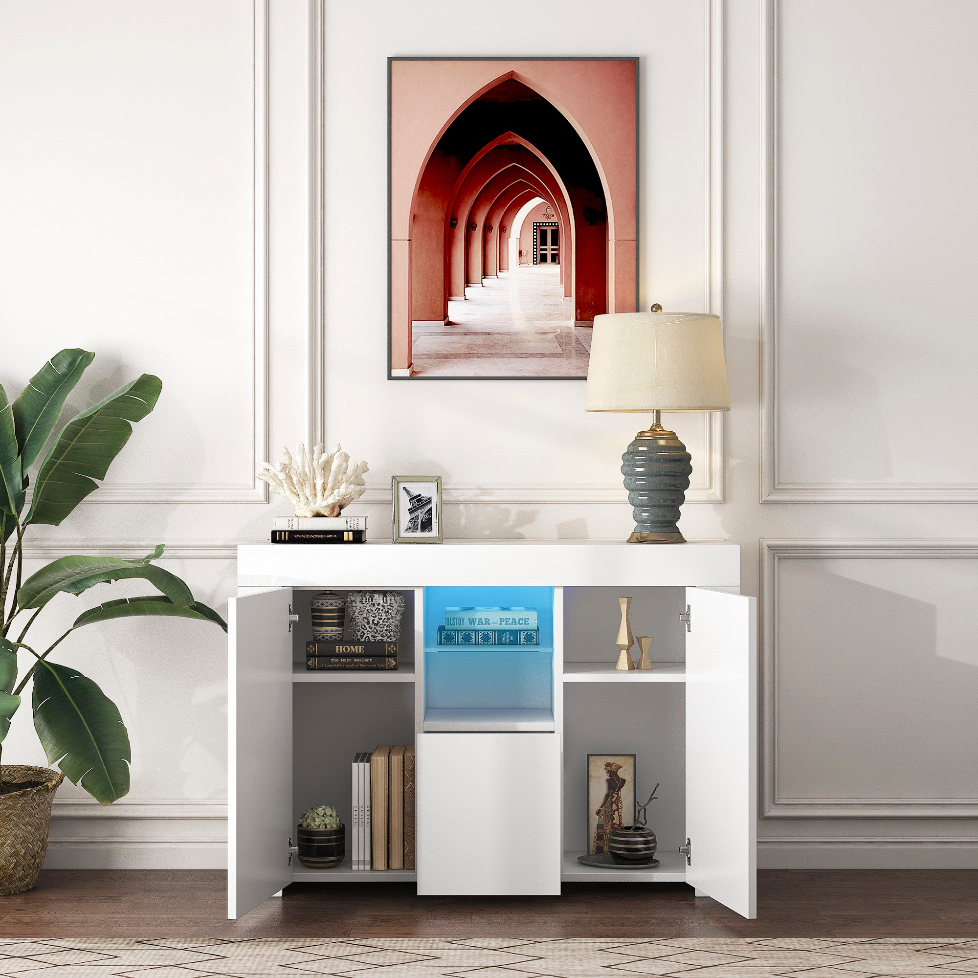 45-inch Wood Sideboard with LED Light and Exterior Shelves