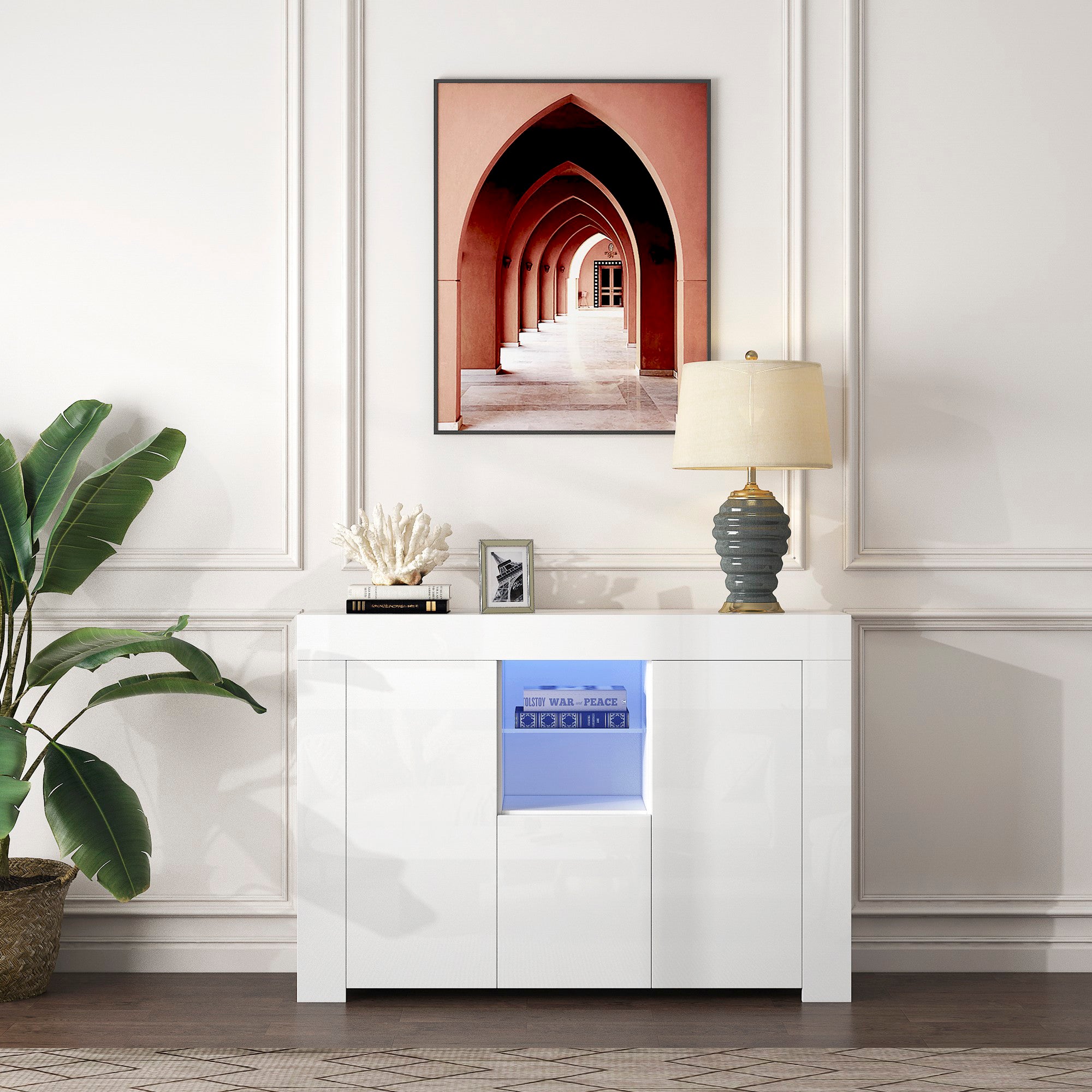 45-inch Wood Sideboard with LED Light and Exterior Shelves