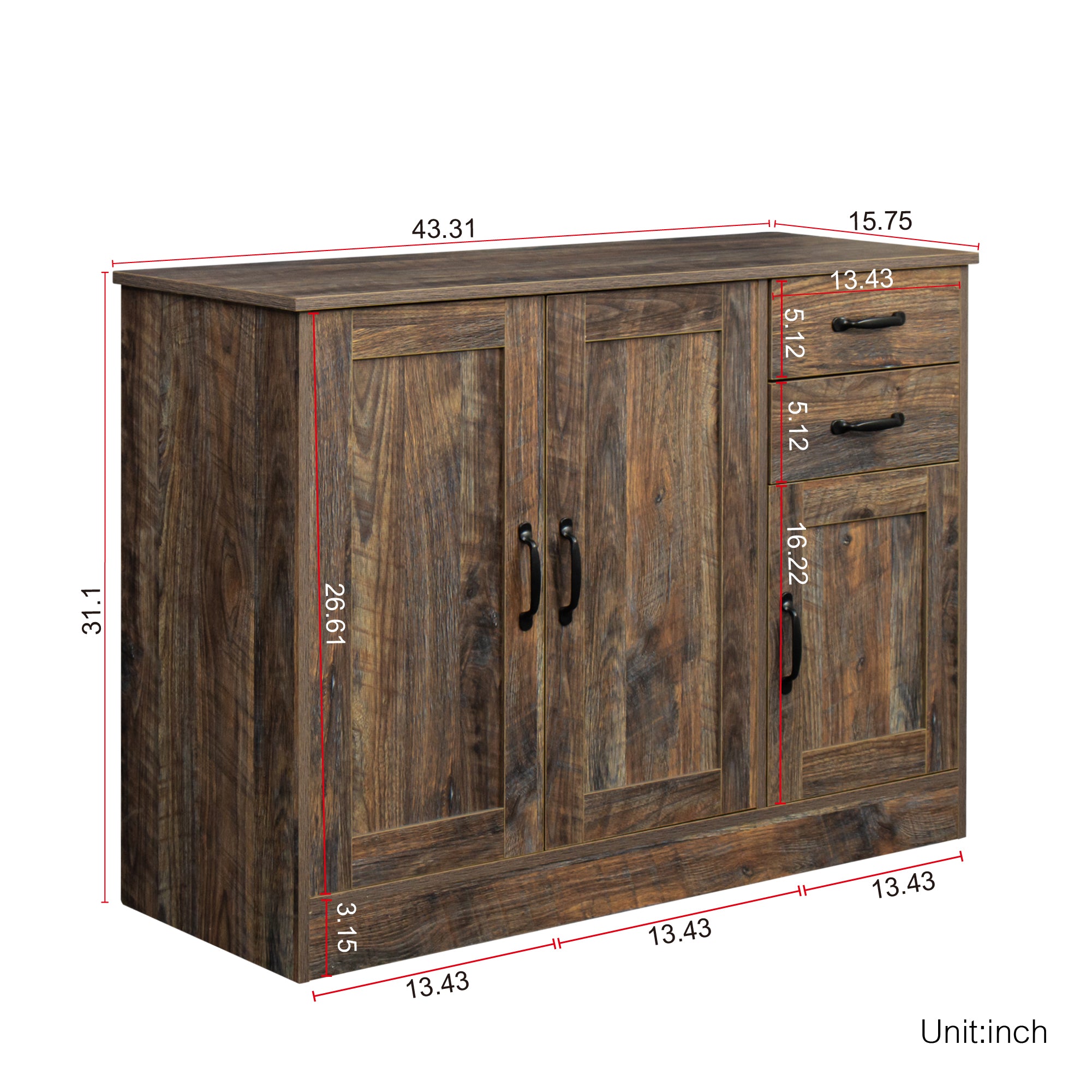 43-inch Wood Sideboard with 2 Drawers