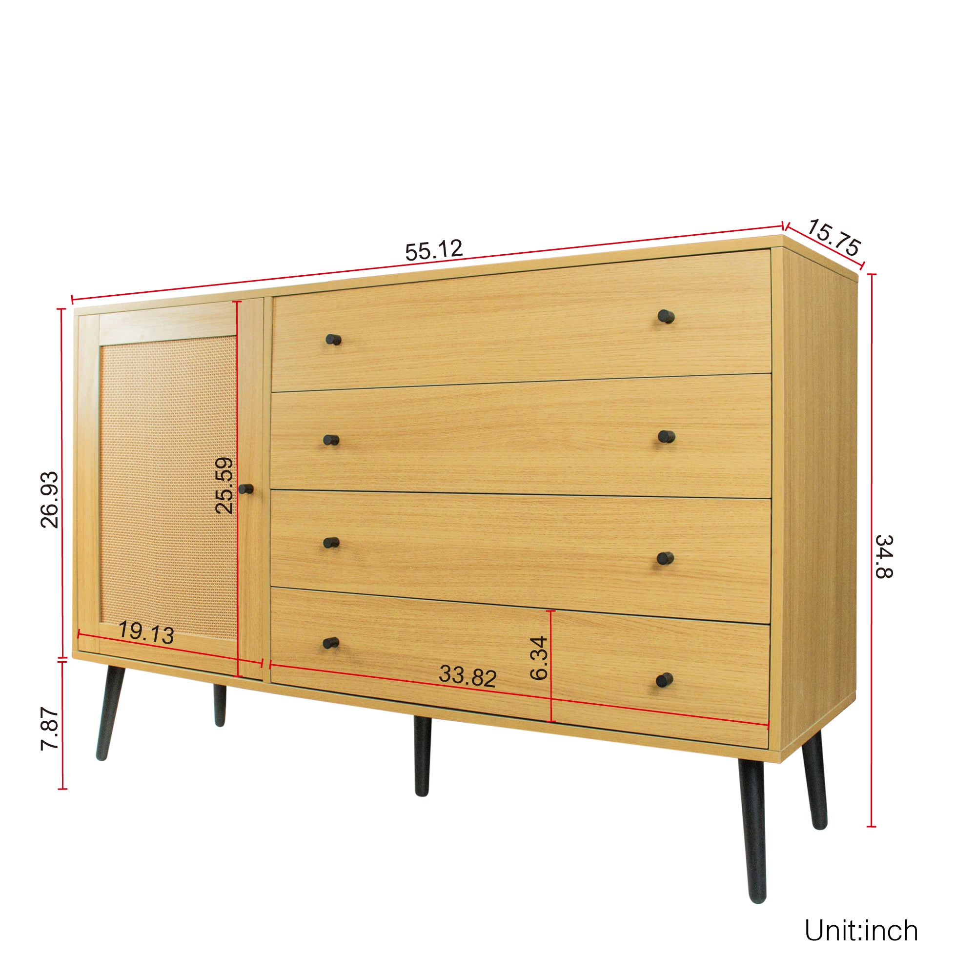 55-inch Wood Sideboard with 4 Long Drawers