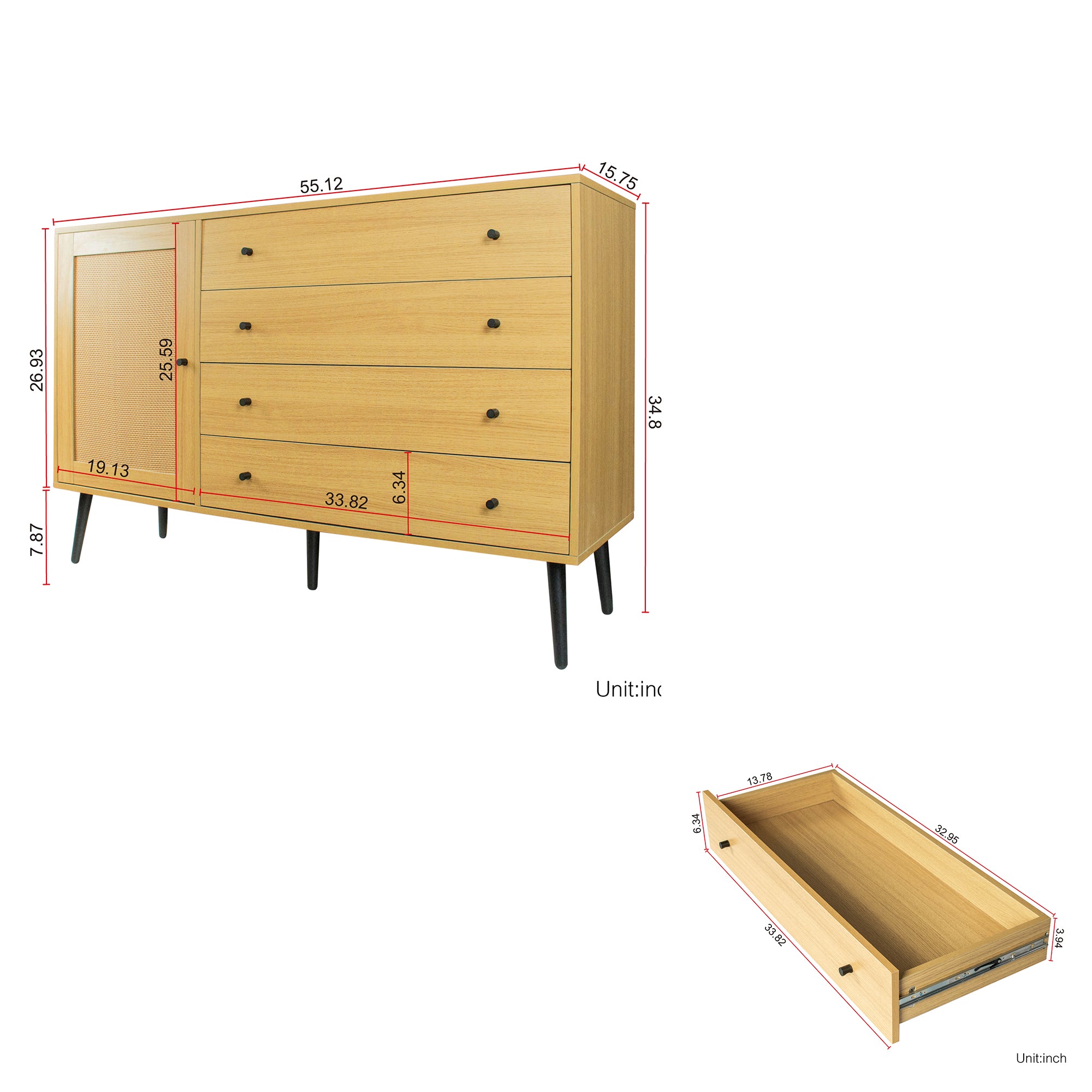 55-inch Wood Sideboard with 4 Long Drawers