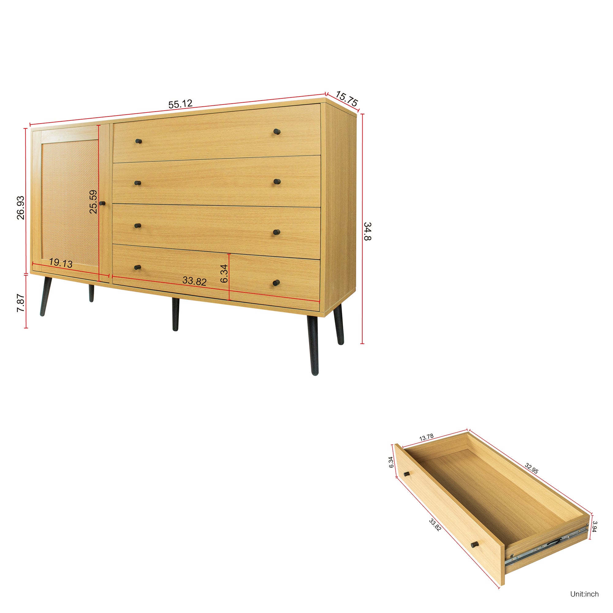 55-inch Wood Sideboard with 4 Long Drawers