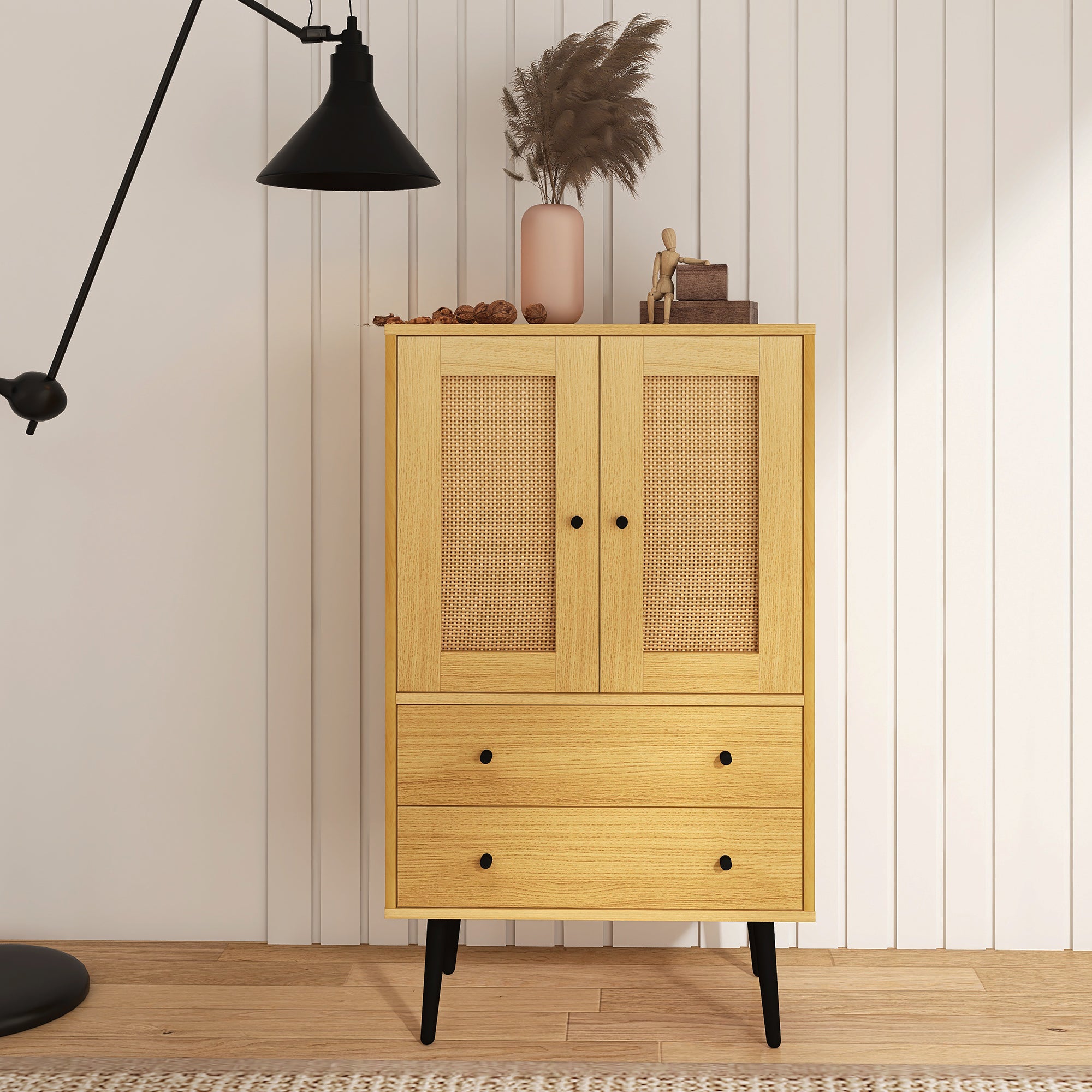 24" Tall Wood Double Door Accent Cabinet with 2 Drawers