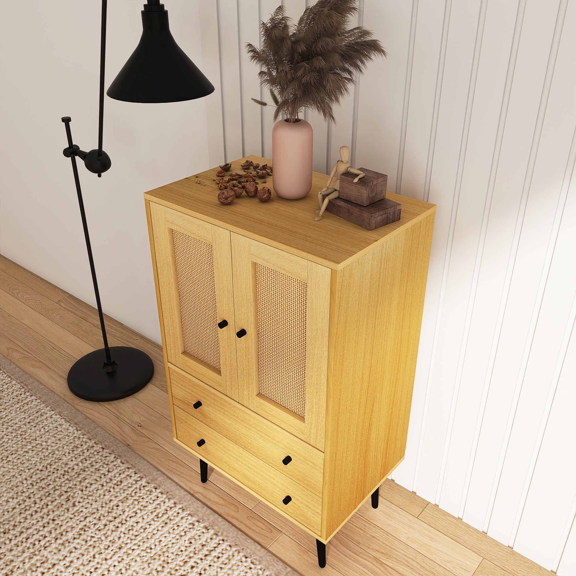 24" Tall Wood Double Door Accent Cabinet with 2 Drawers