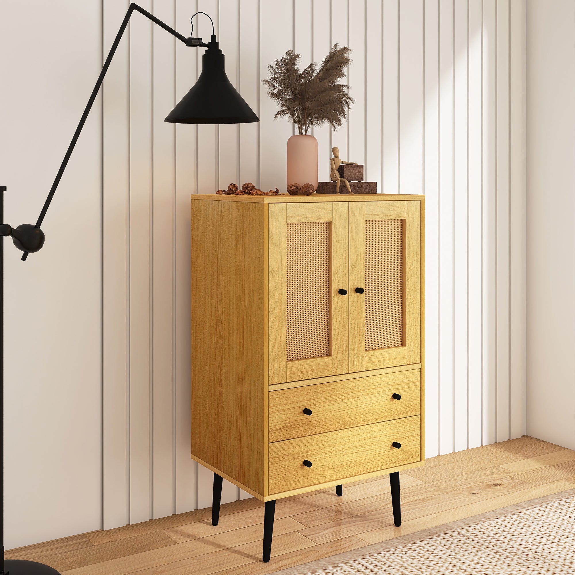 24" Tall Wood Double Door Accent Cabinet with 2 Drawers