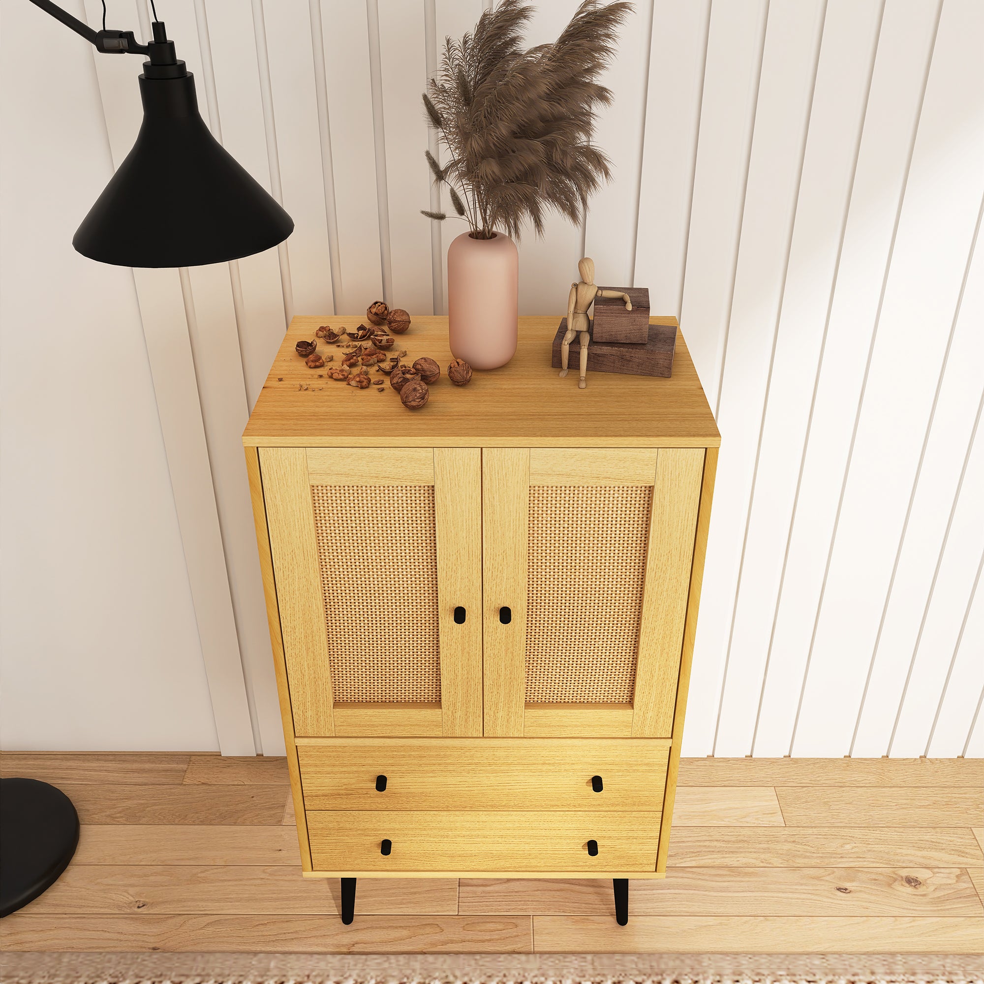 24" Tall Wood Double Door Accent Cabinet with 2 Drawers