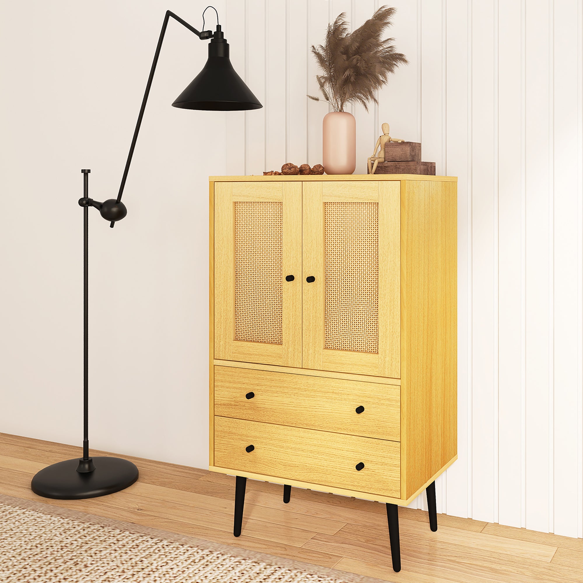 24" Tall Wood Double Door Accent Cabinet with 2 Drawers