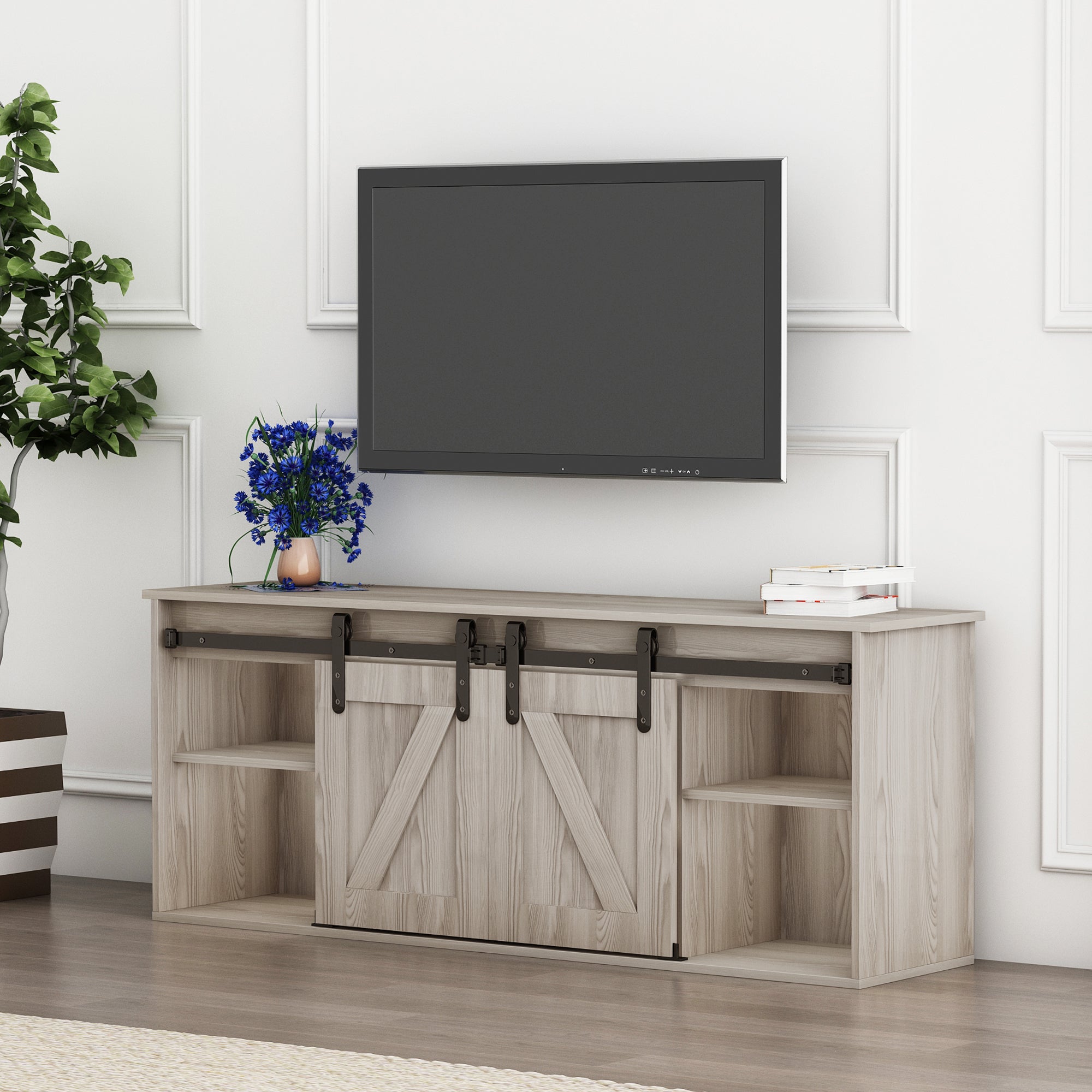 58-inch Freestanding Electric Fireplace with Sliding Barn Door