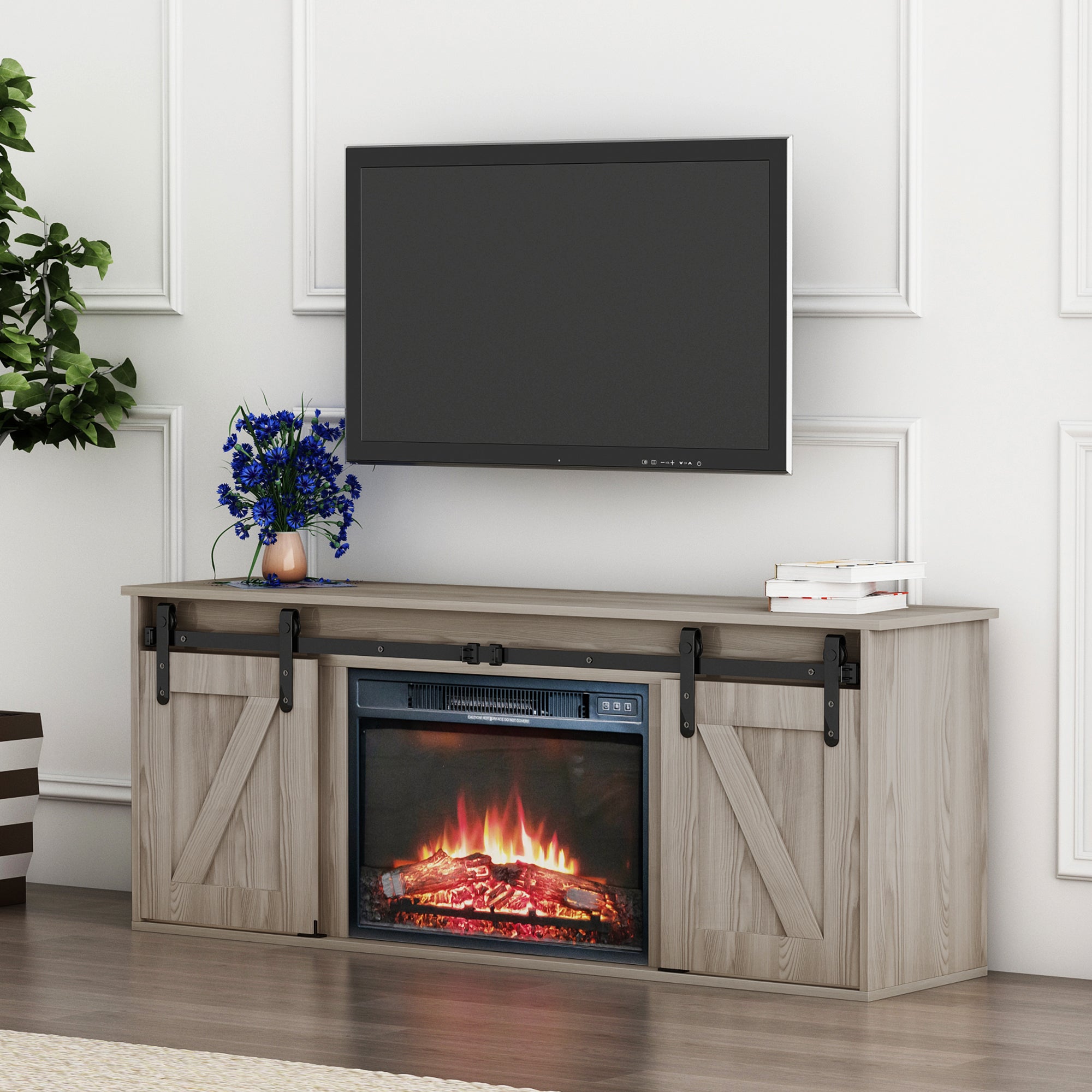 58-inch Freestanding Electric Fireplace with Sliding Barn Door