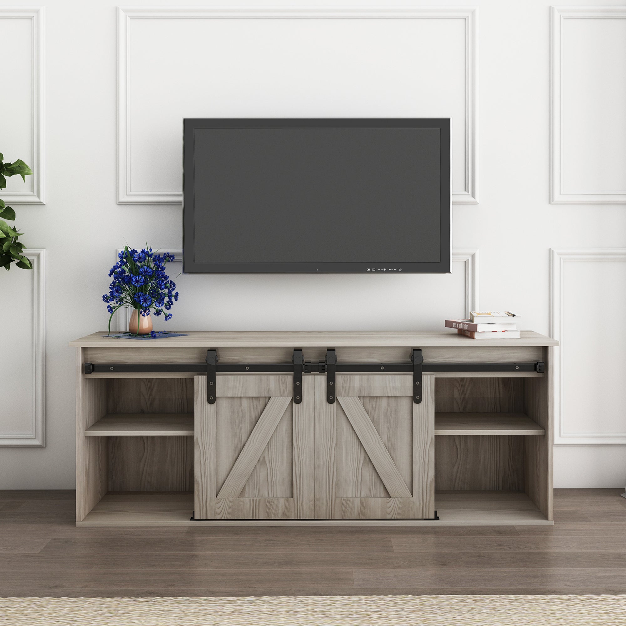 58-inch Freestanding Electric Fireplace with Sliding Barn Door