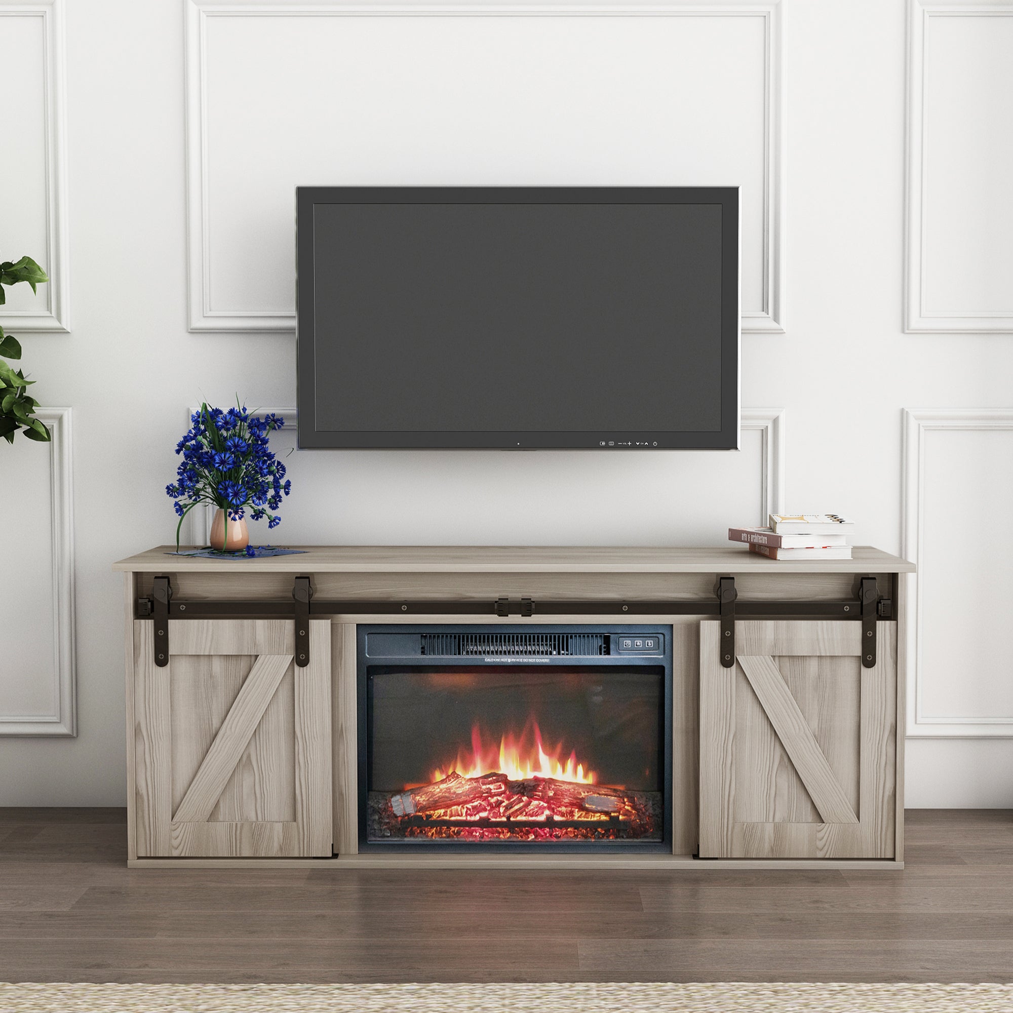 58-inch Freestanding Electric Fireplace with Sliding Barn Door