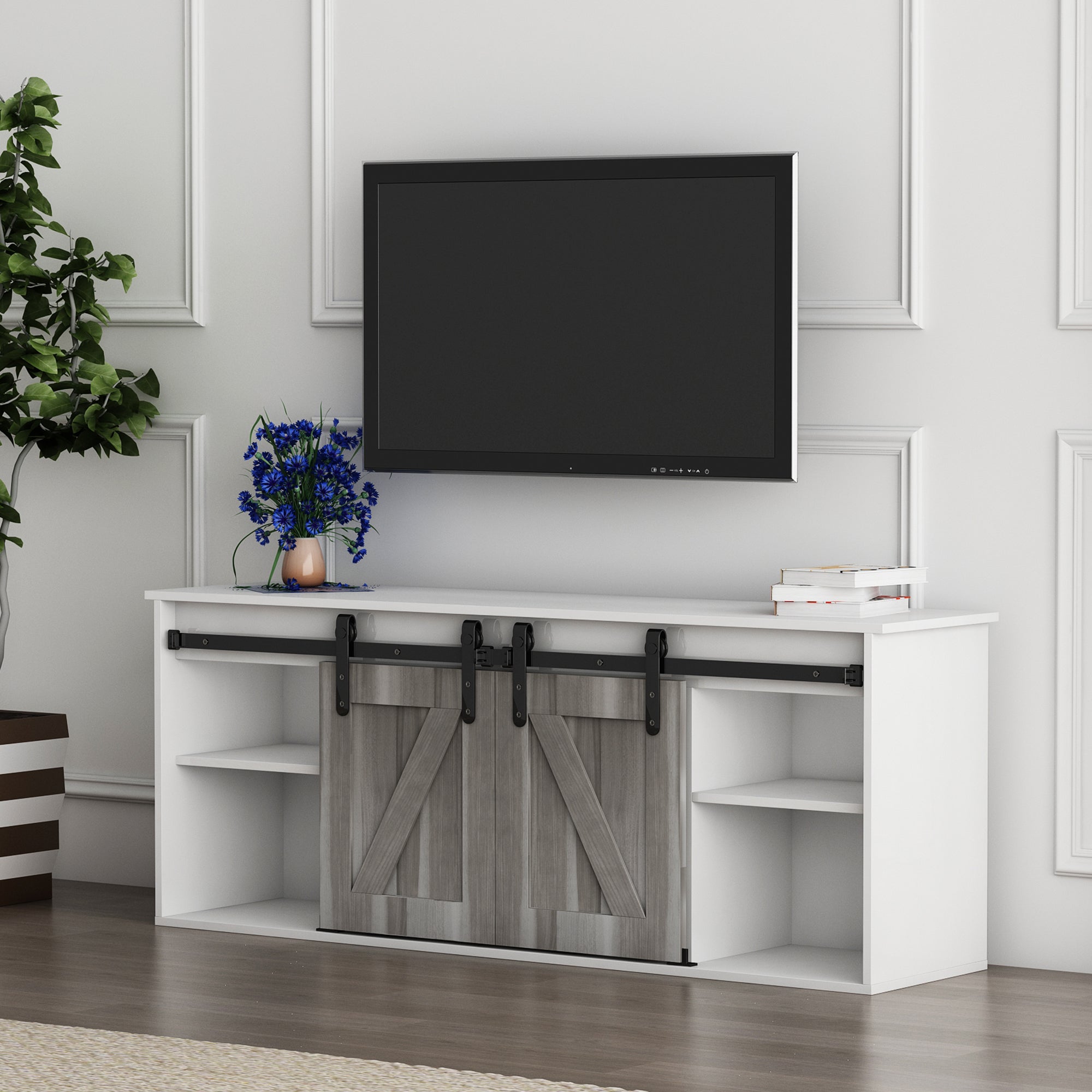 58-inch Freestanding Electric Fireplace with Sliding Barn Door