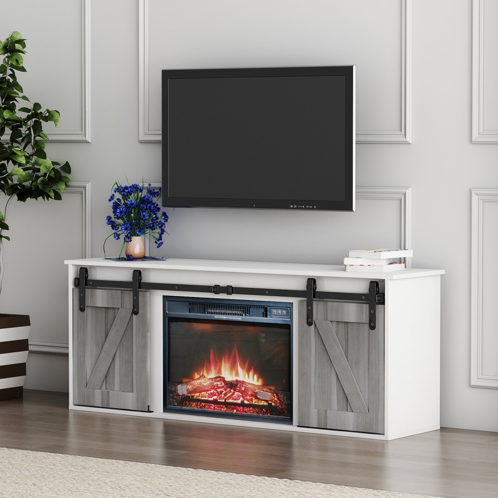 58-inch Freestanding Electric Fireplace with Sliding Barn Door