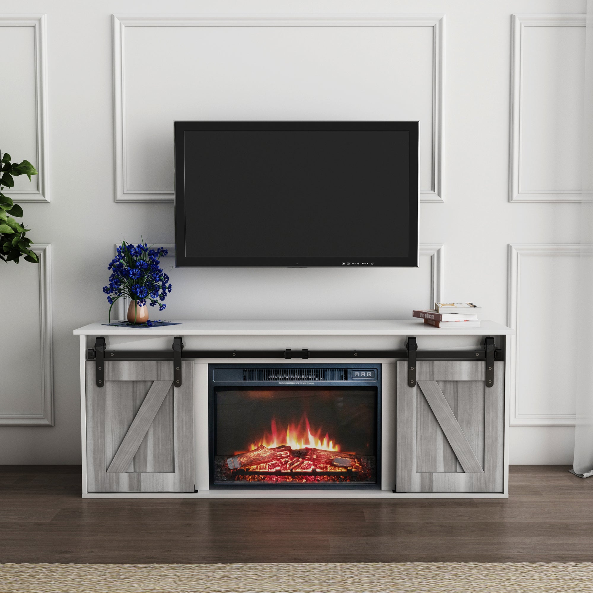 58-inch Freestanding Electric Fireplace with Sliding Barn Door