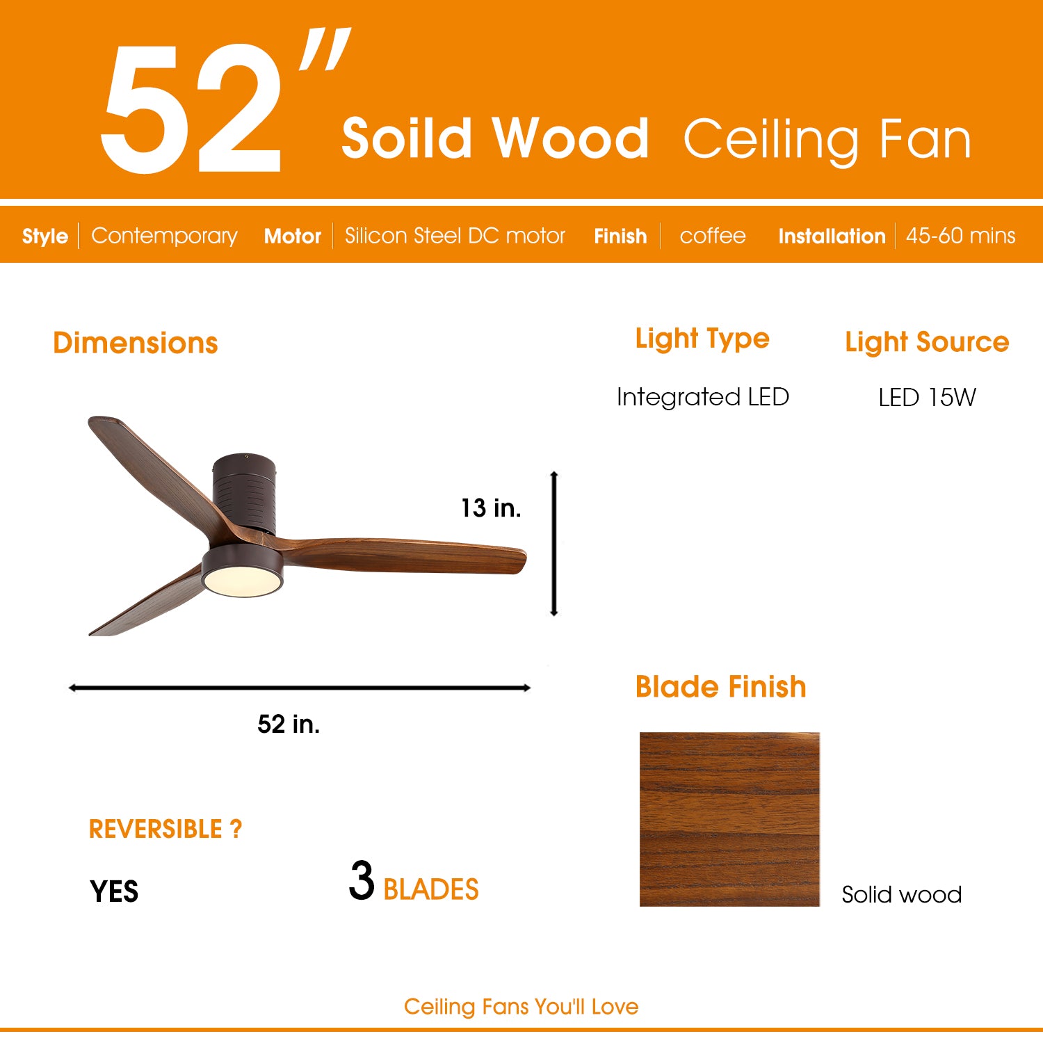 52" Indoor Ceiling Fan Light with Remote Control
