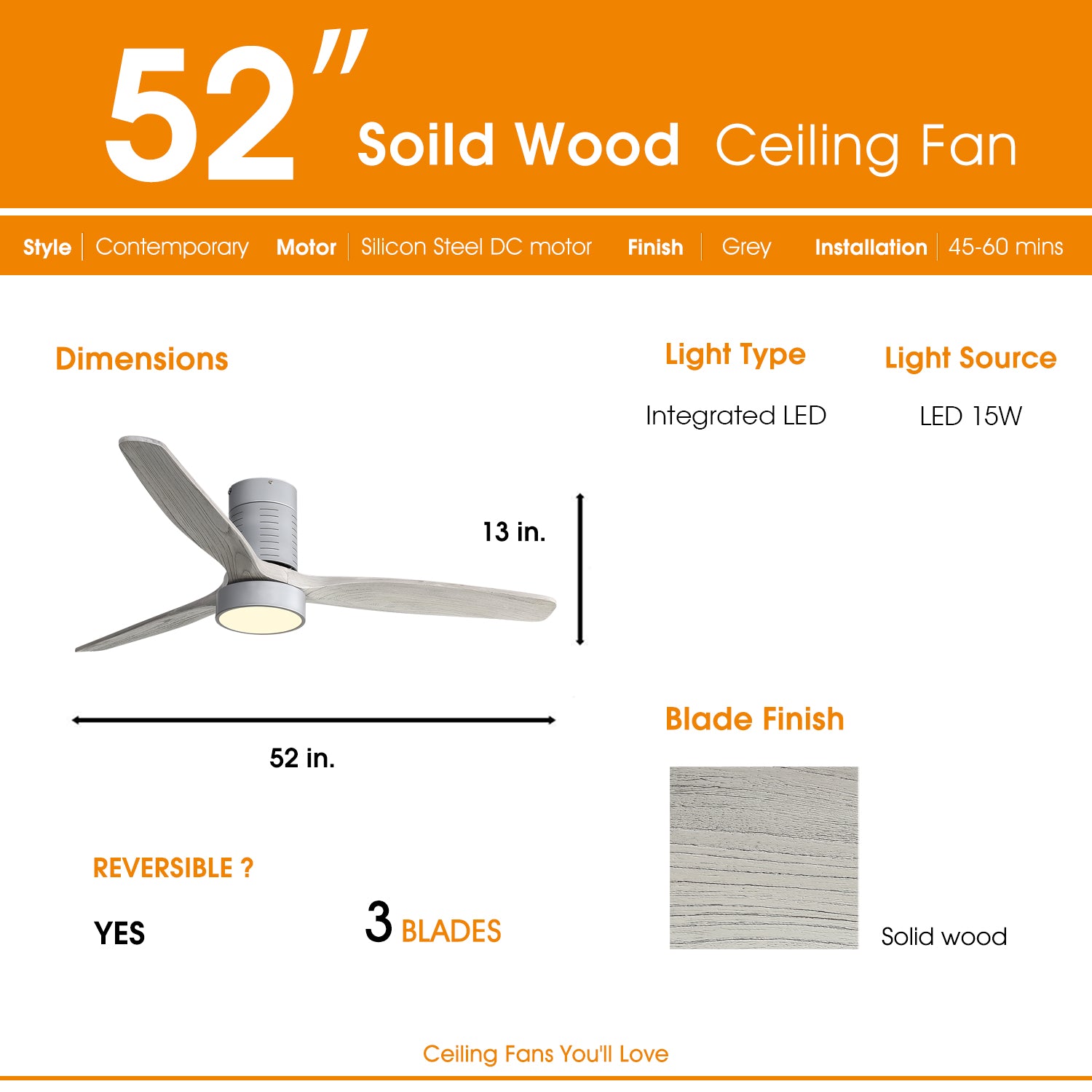 52" Indoor Ceiling Fan Light with Remote Control