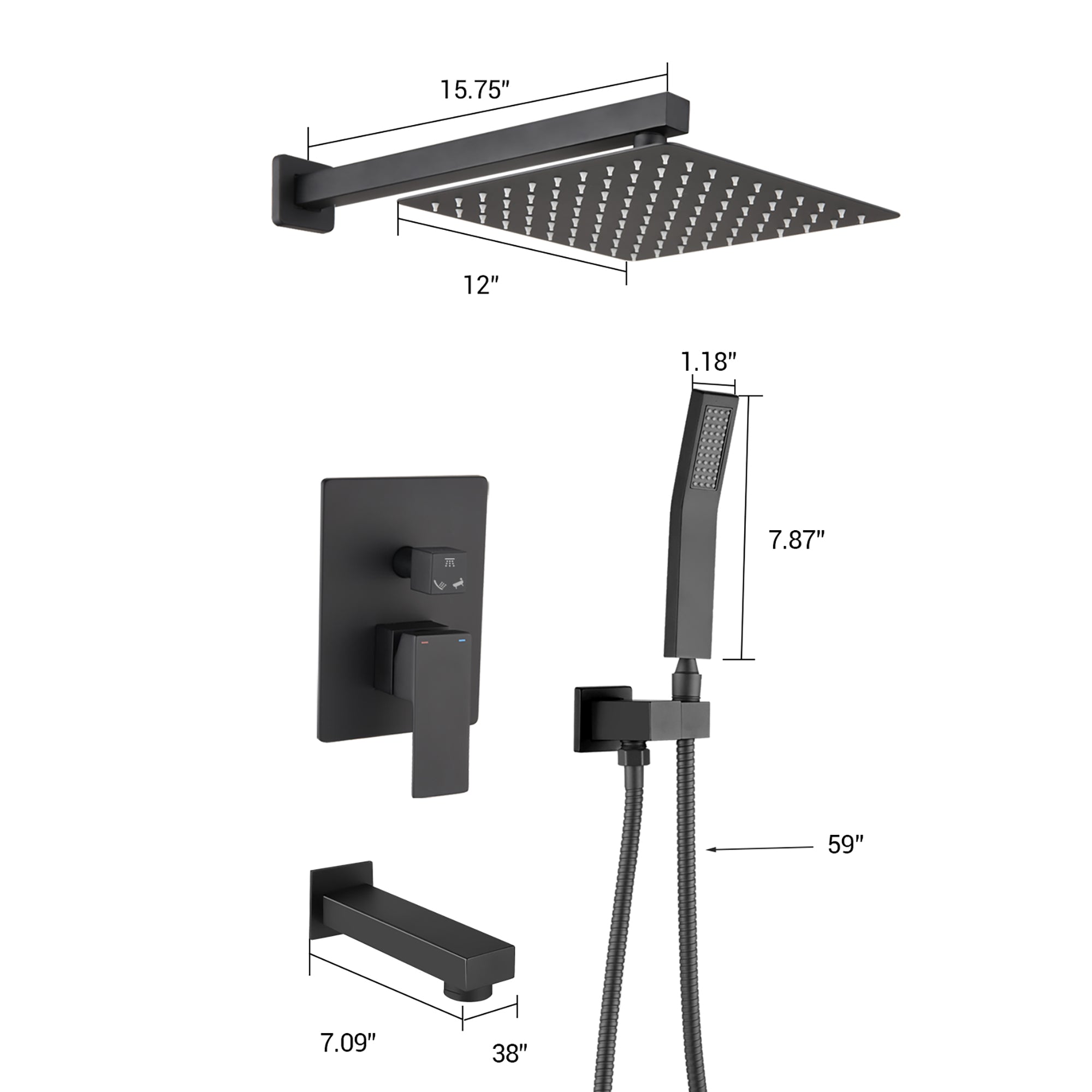 12 inch Wall-Mounted Square Completed Shower System with Handheld Shower and Tub Faucet