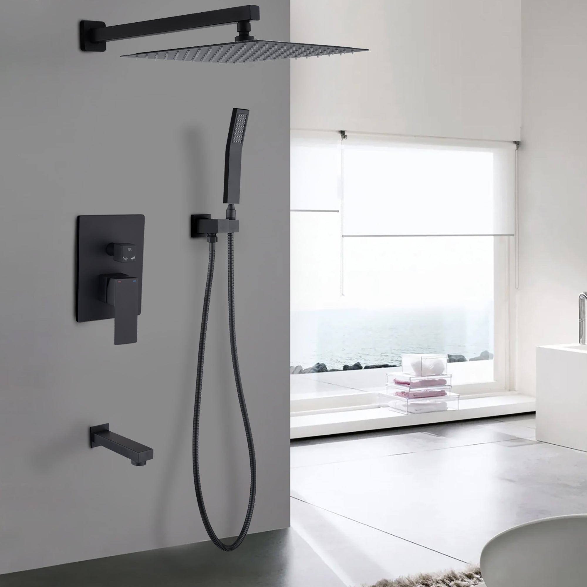 12 inch Wall-Mounted Square Completed Shower System with Handheld Shower and Tub Faucet