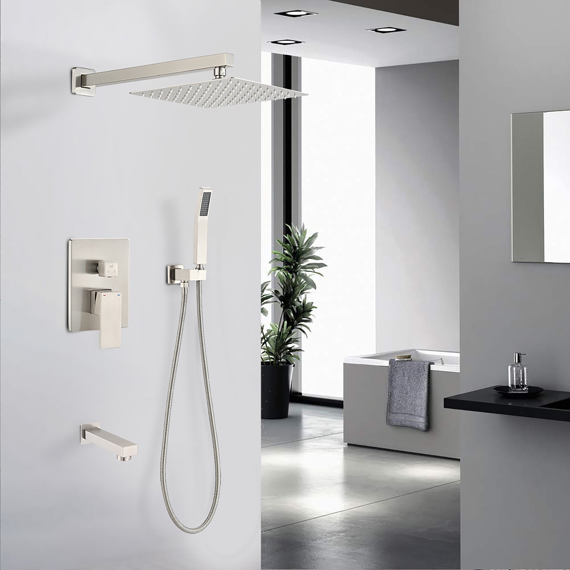 10 inch Wall-Mounted Square Completed Shower System with Rough-in Valve; Handheld Shower; and Tub Faucet