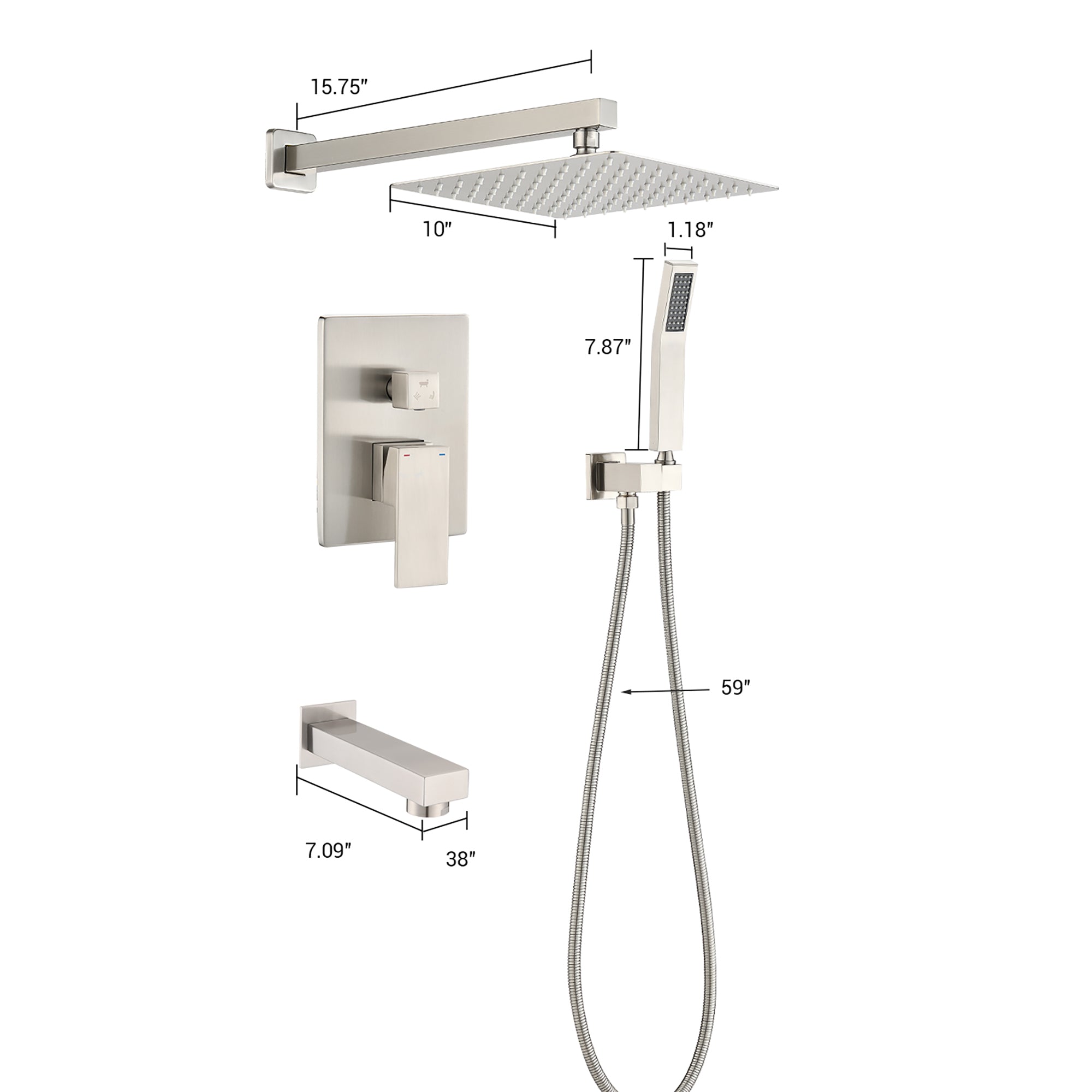 10 inch Wall-Mounted Square Completed Shower System with Rough-in Valve; Handheld Shower; and Tub Faucet