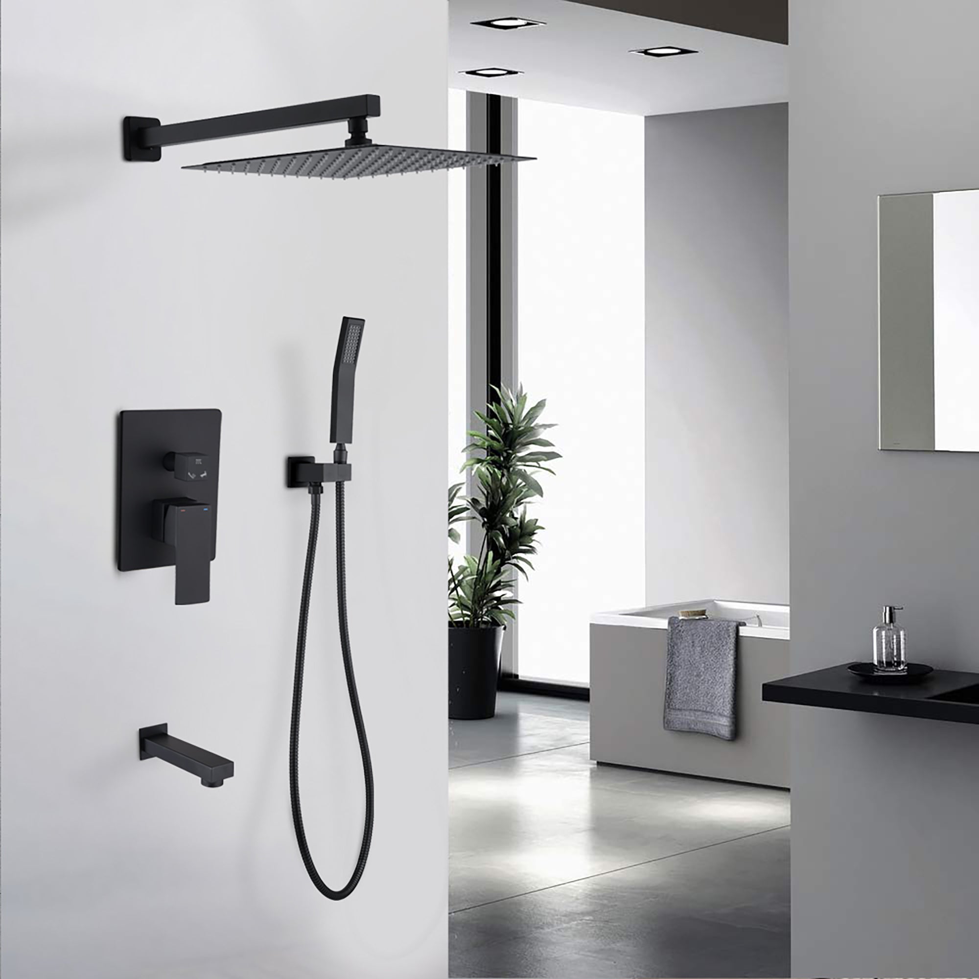 10 inch Wall-Mounted Square Completed Shower System with Rough-in Valve; Handheld Shower; and Tub Faucet