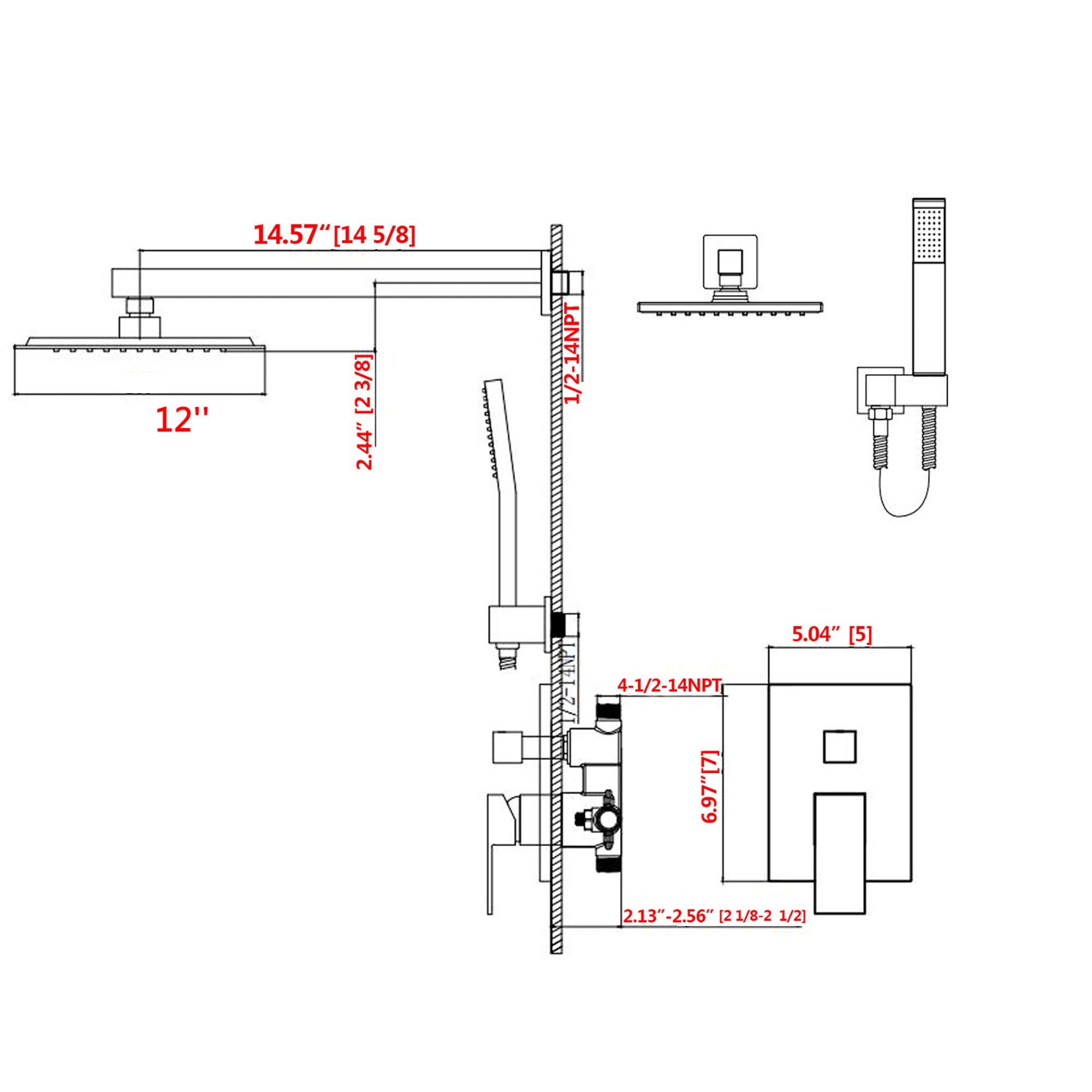 12 inch Wall-Mounted Square Completed Shower System with Handheld Shower and Head Shower