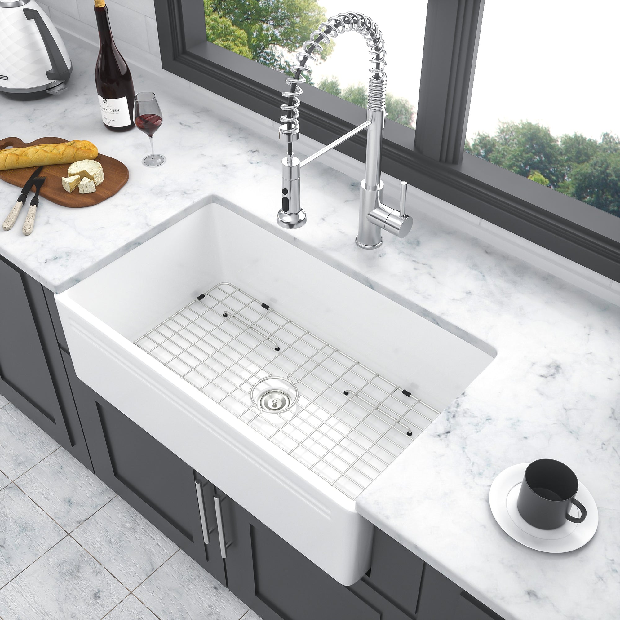 White Ceramic 30 in. Single Bowl Farmhouse Apron Kitchen Sink with Bottom Grid