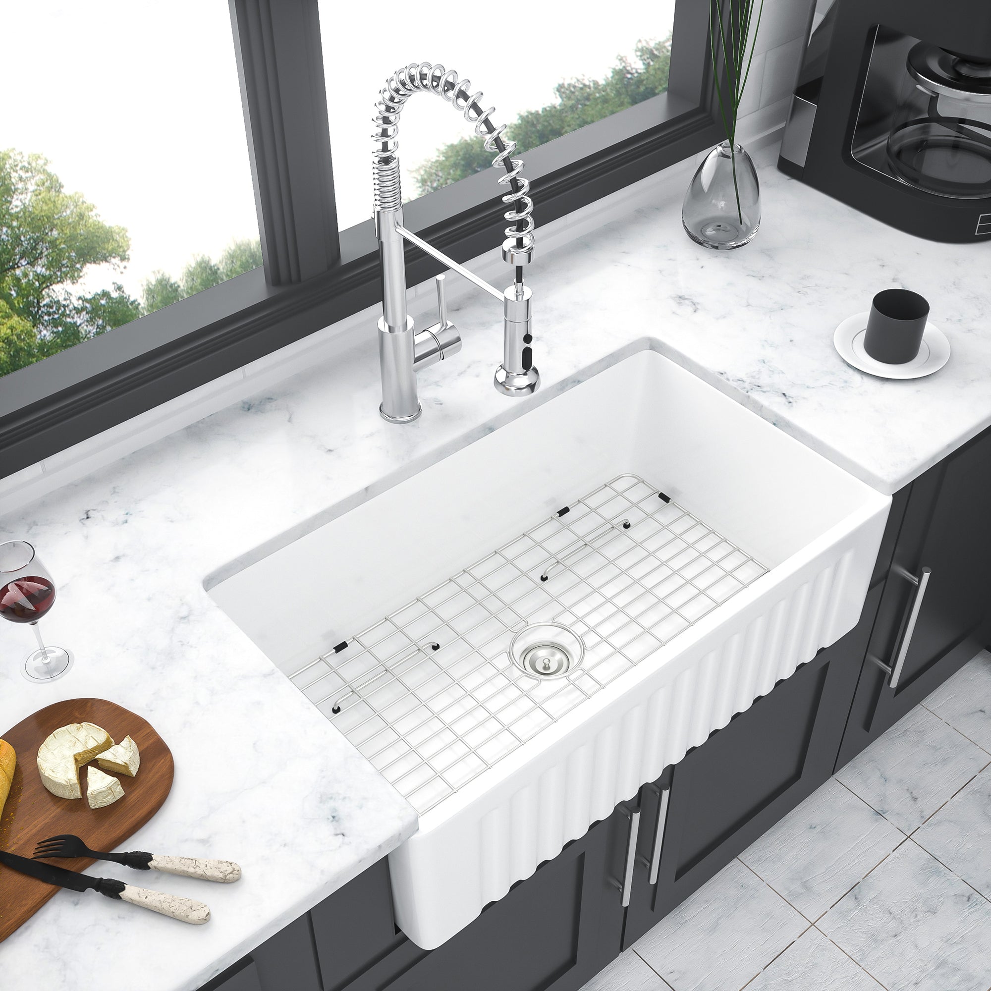 White Ceramic 30 in. Single Bowl Farmhouse Apron Kitchen Sink with Bottom Grid