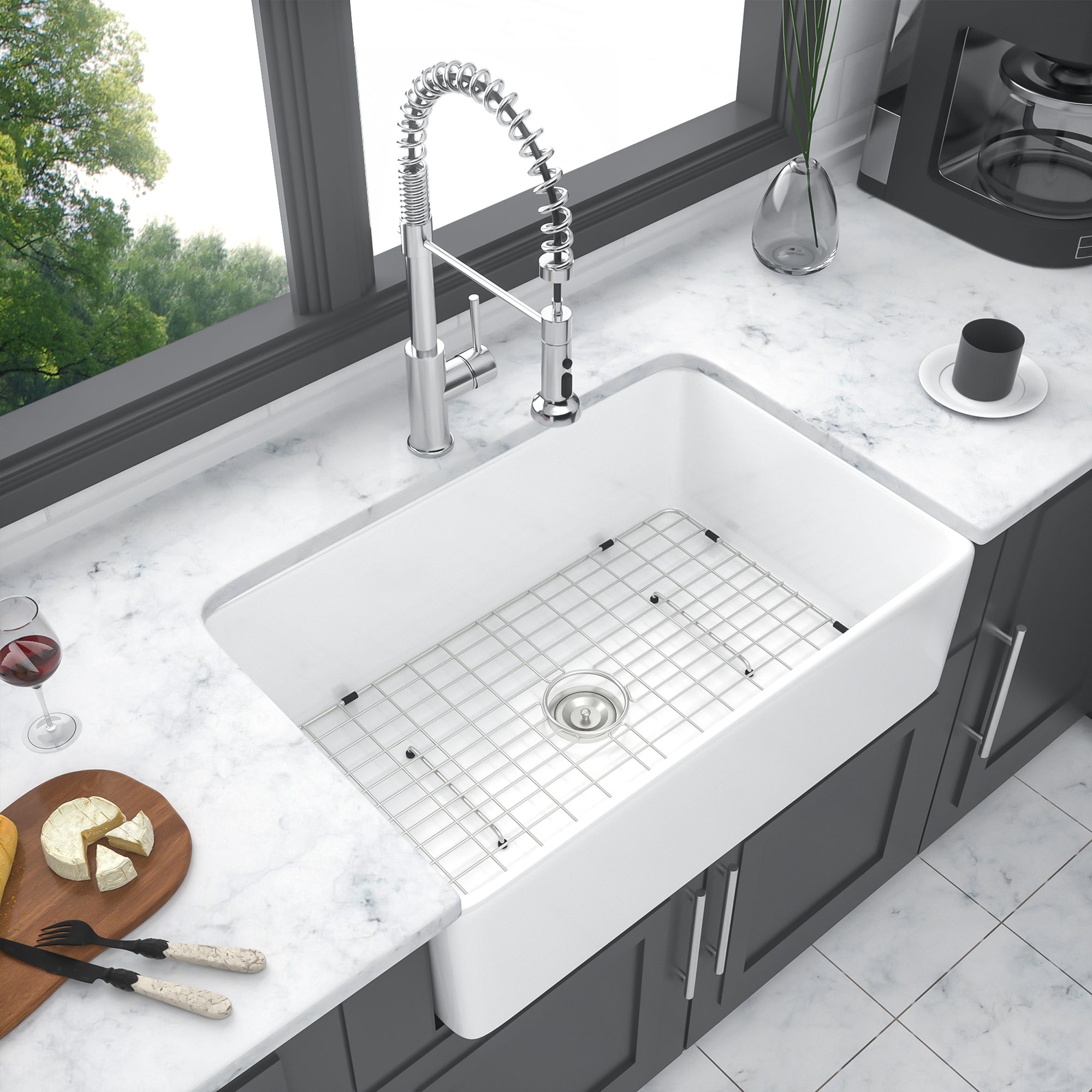 White Ceramic 30 in. Single Bowl Farmhouse Apron Kitchen Sink with Bottom Grid