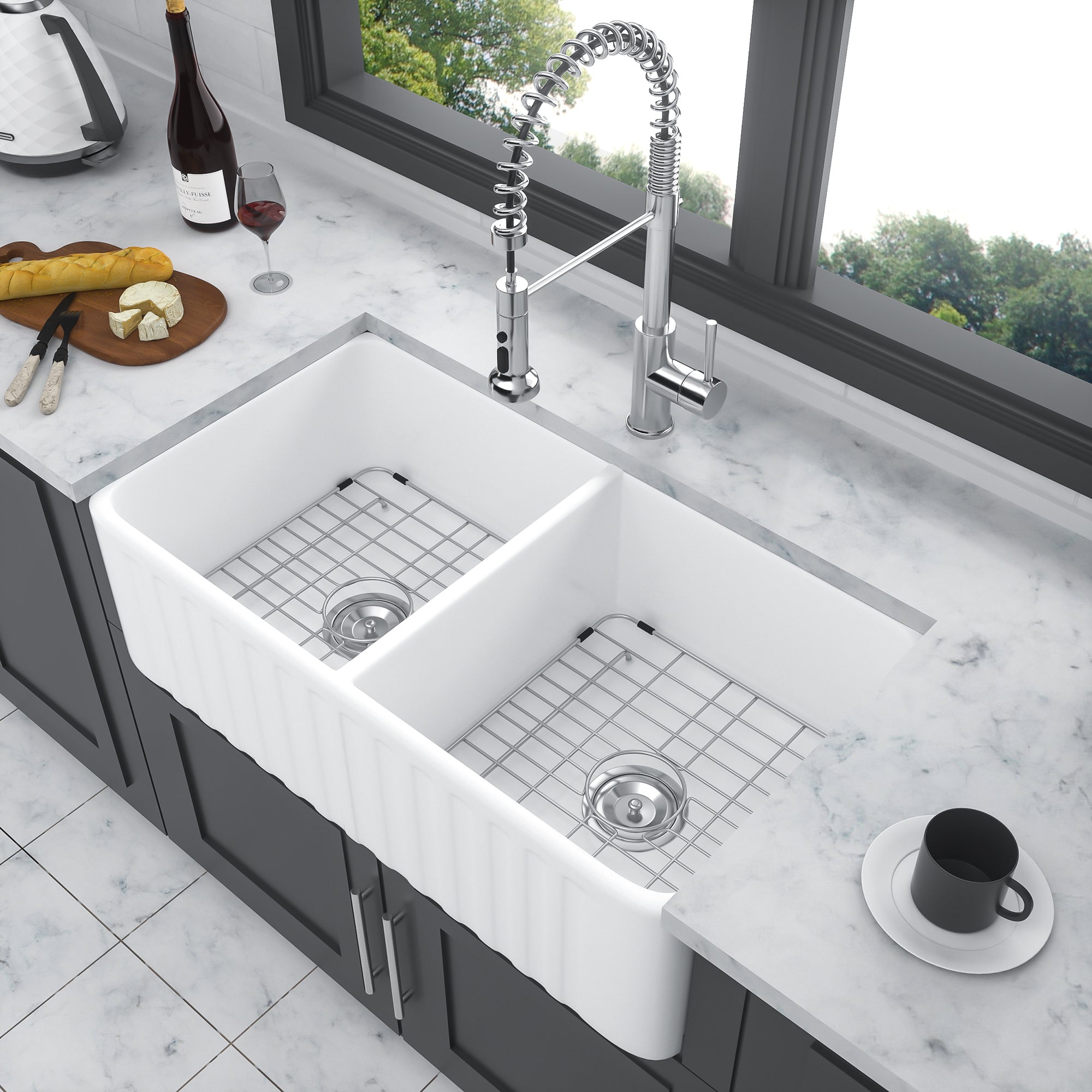 White Ceramic 33 in. Double Bowl Farmhouse Apron Kitchen Sink with Bottom Grid