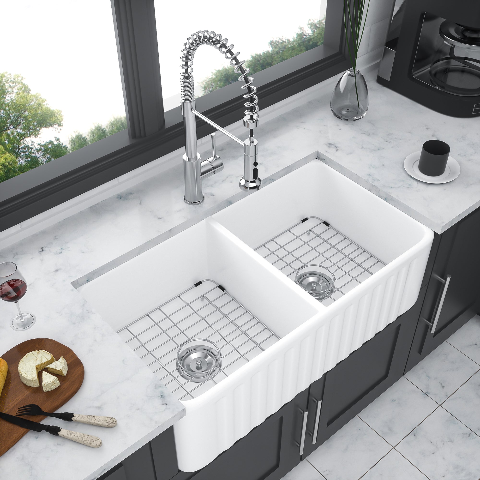 White Ceramic 33 in. Double Bowl Farmhouse Apron Kitchen Sink with Bottom Grid