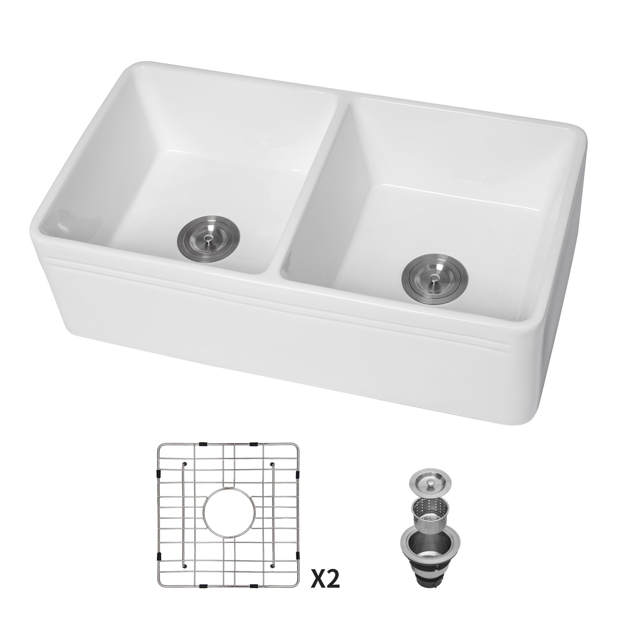 White Ceramic 33 in. Double Bowl Farmhouse Apron Kitchen Sink with Bottom Grid