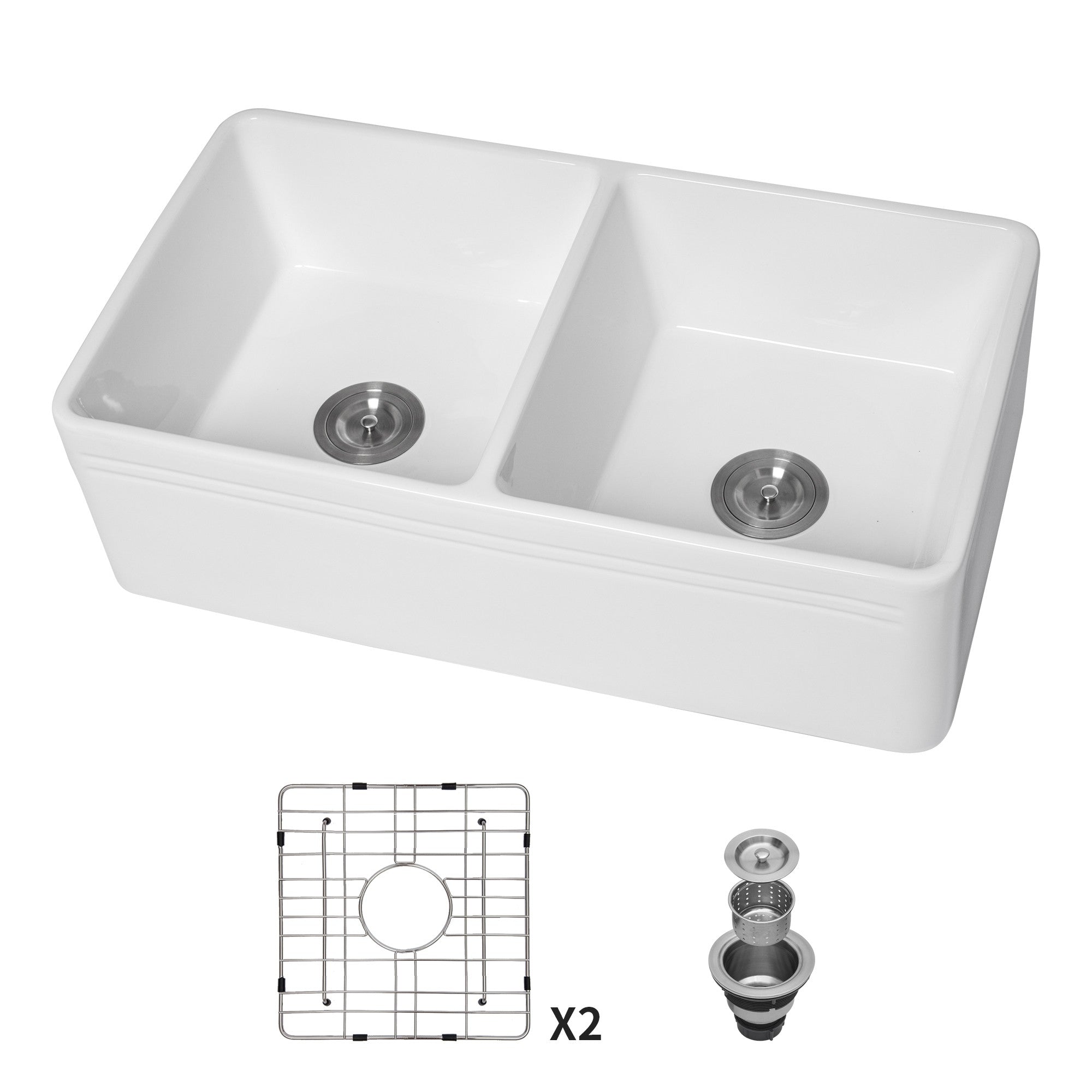 White Ceramic 33 in. Double Bowl Farmhouse Apron Kitchen Sink with Strainer