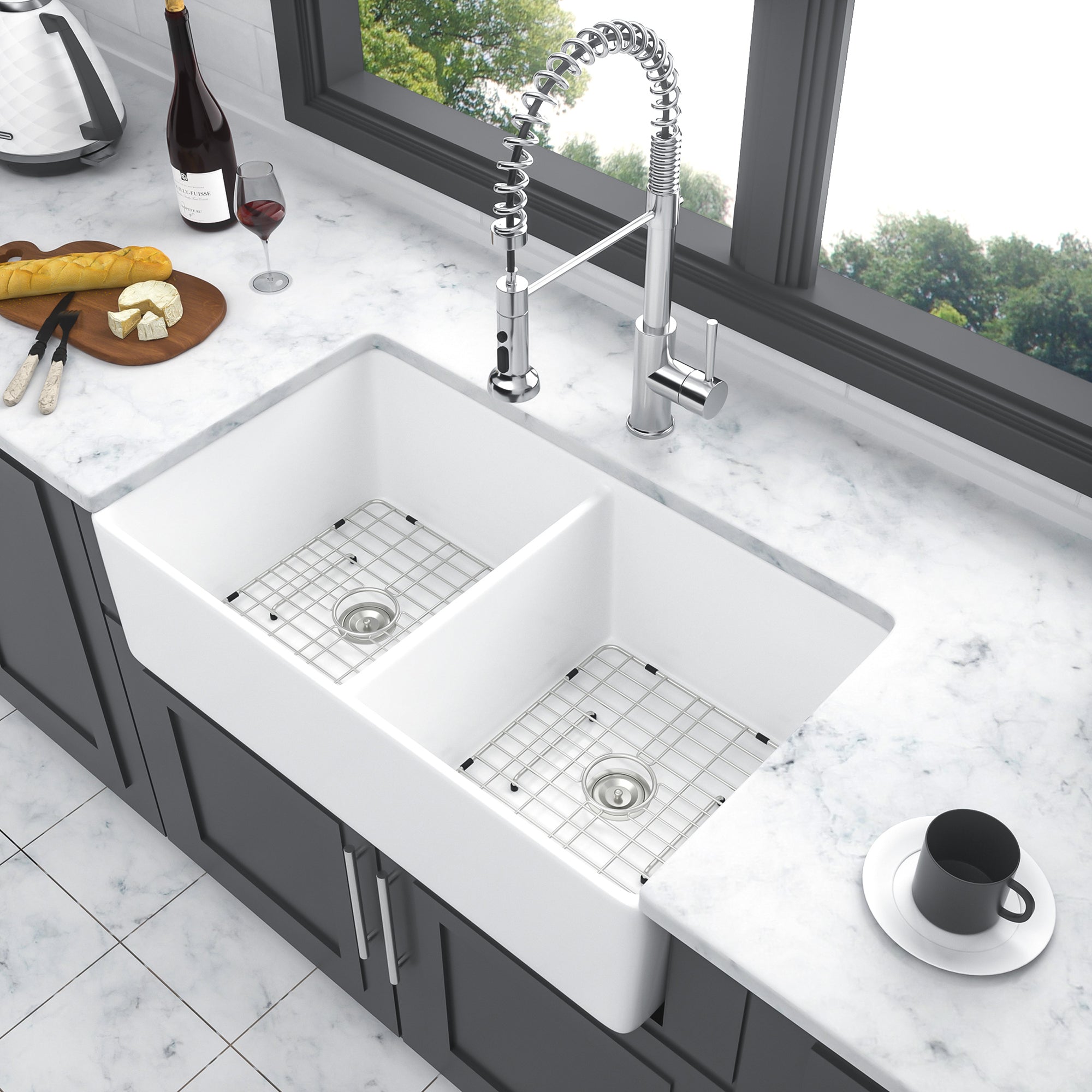 White Ceramic 32 in. Double Bowl Farmhouse Apron Kitchen Sink with Bottom Grid