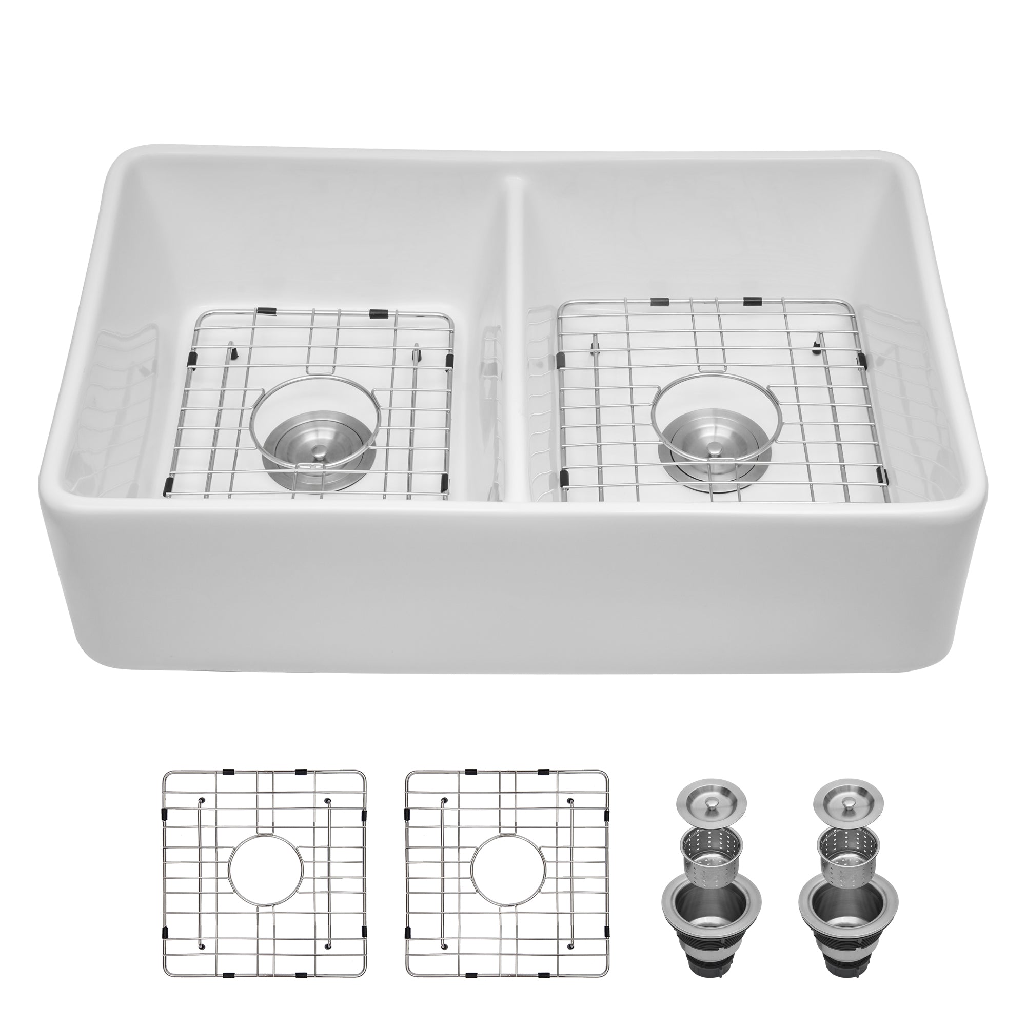 White Ceramic 32 in. Double Bowl Farmhouse Apron Kitchen Sink with Bottom Grid