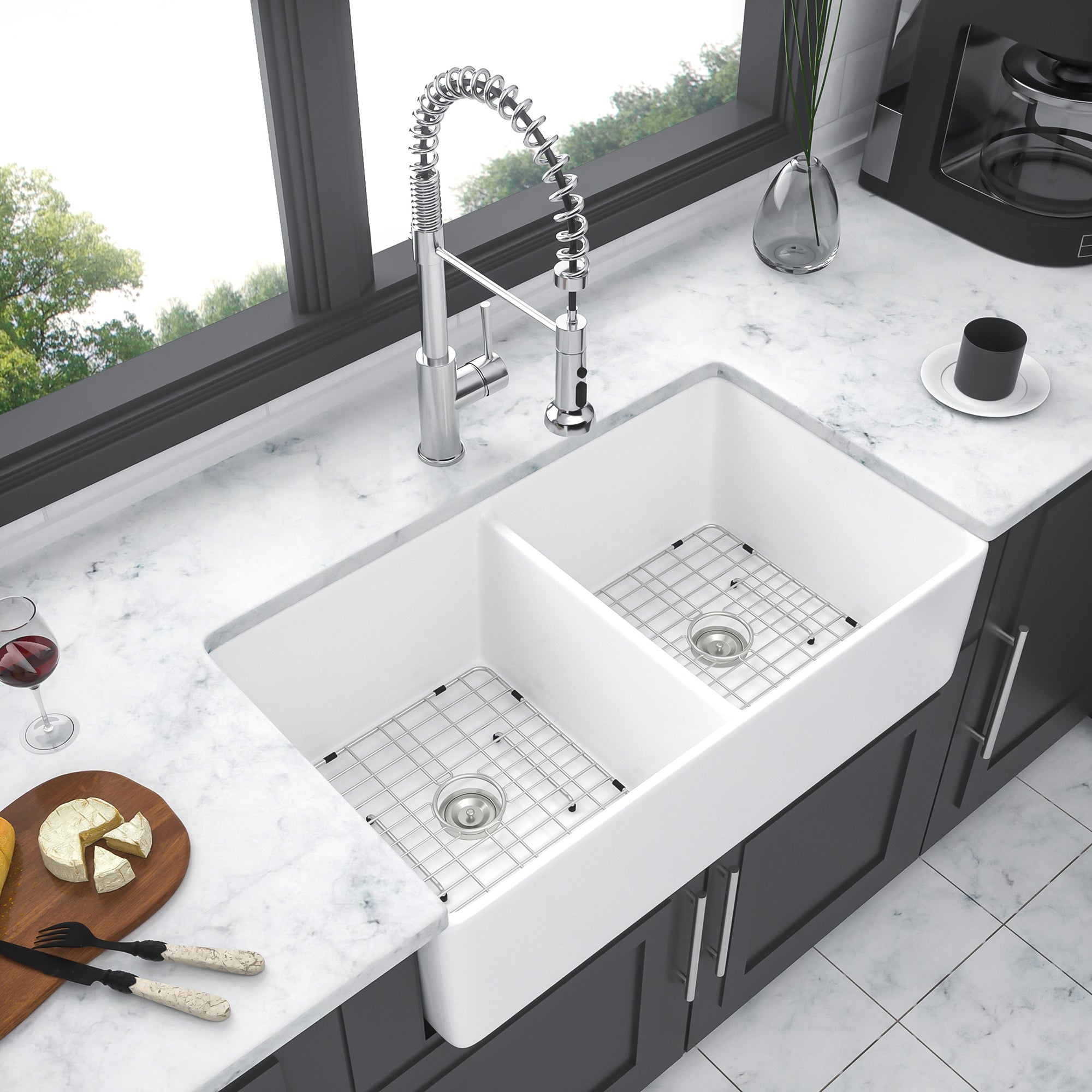 White Ceramic 32 in. Double Bowl Farmhouse Apron Kitchen Sink with Bottom Grid