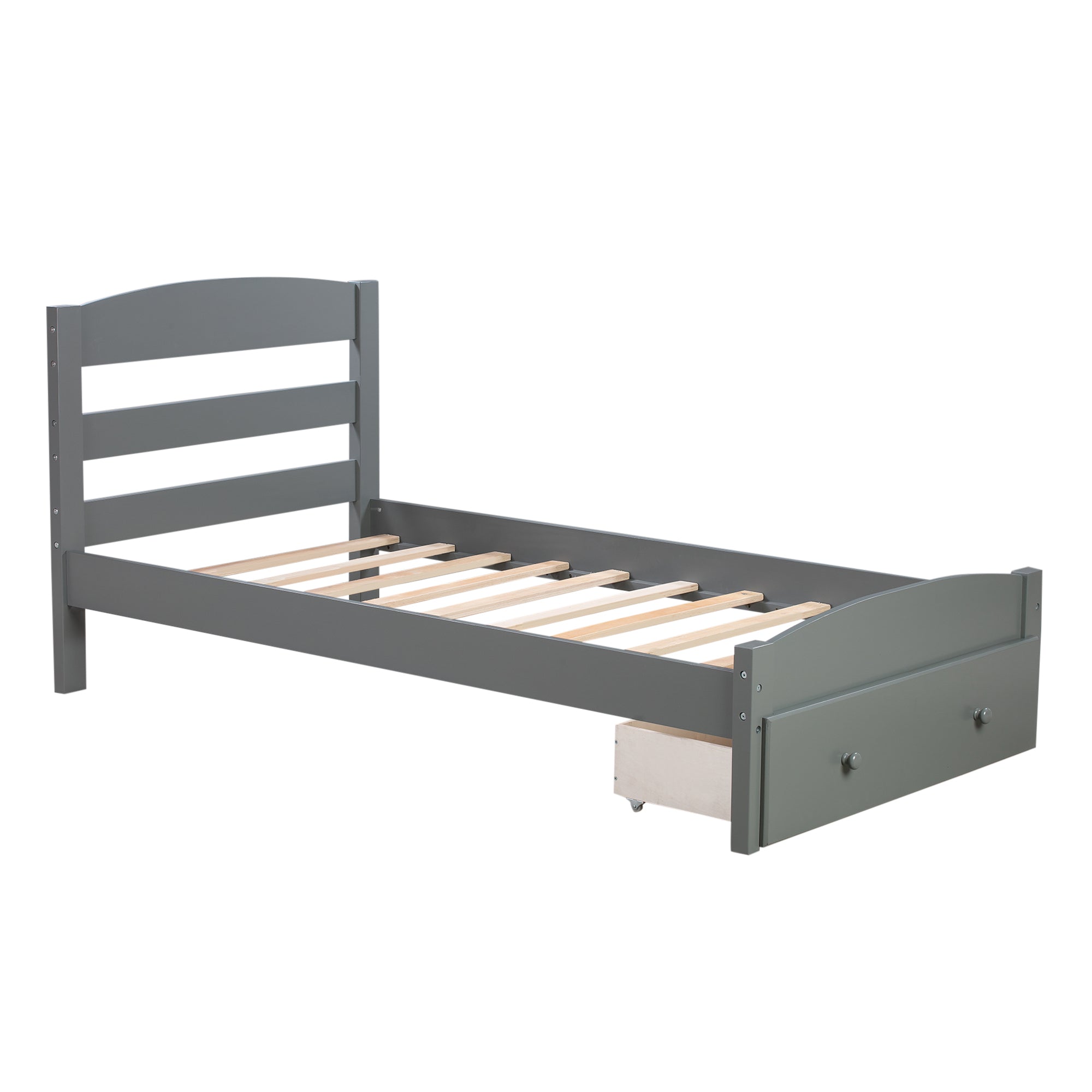 Walnut Wood Frame Twin Platform Bed with Storage Drawer