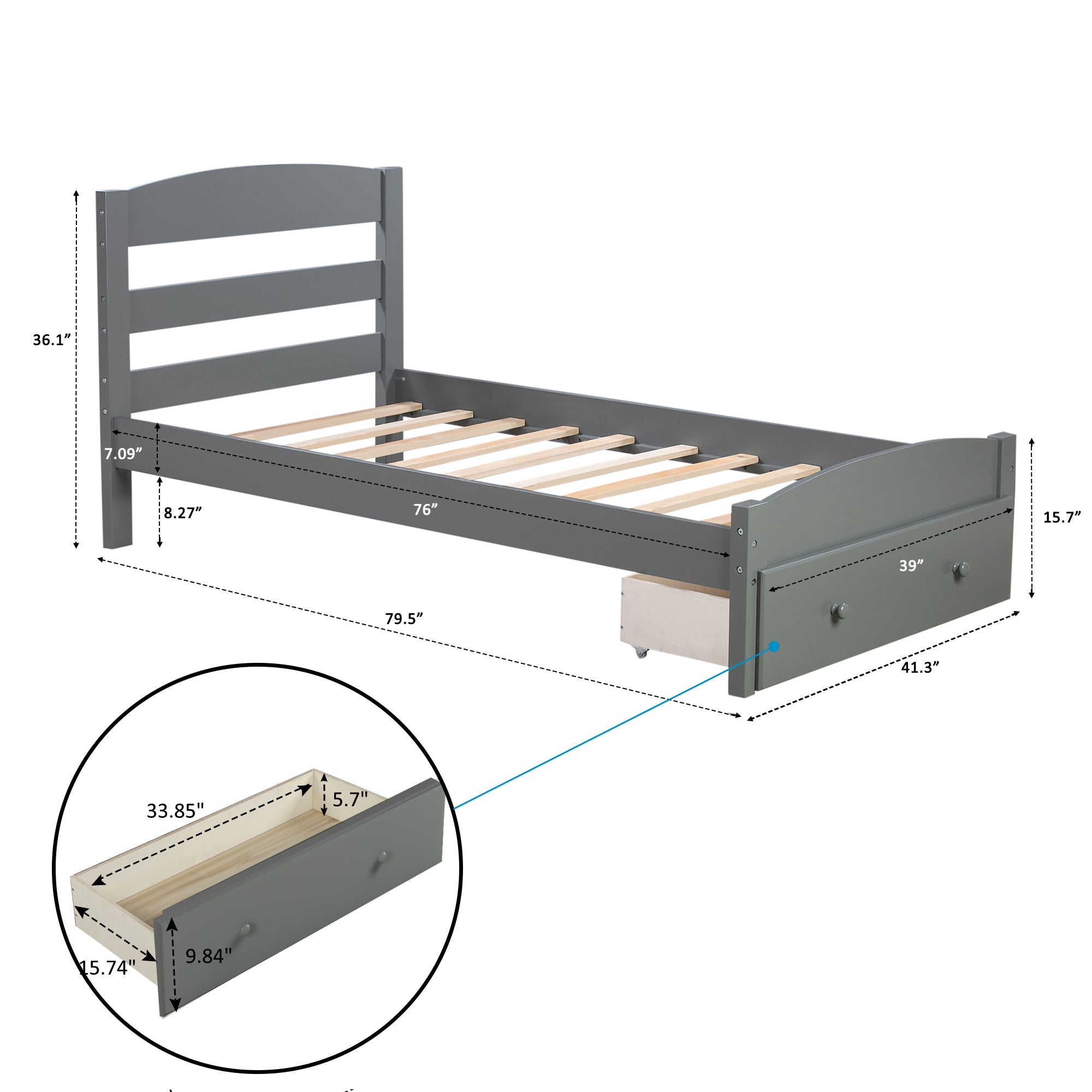 Walnut Wood Frame Twin Platform Bed with Storage Drawer